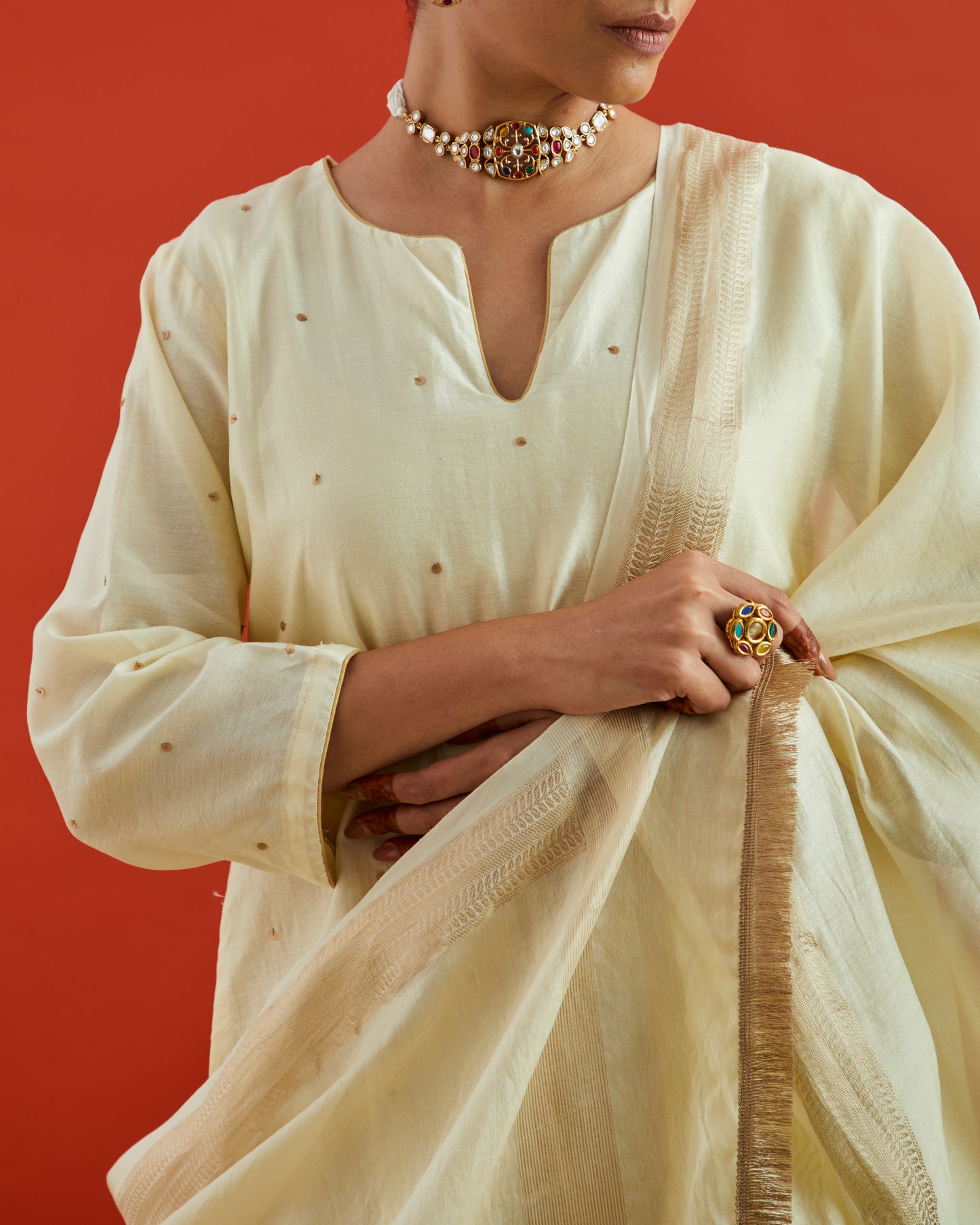 Off White Chanderi Dupatta With Gold Woven Border And Fringe Lace On Two Sides