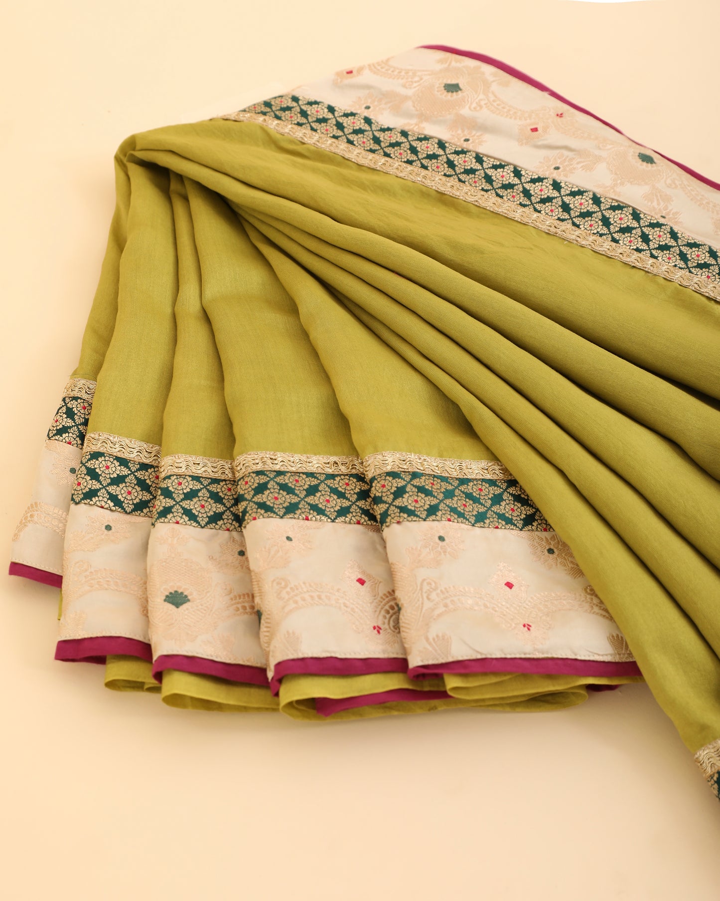 Green Pure Chanderi Saree With Pure Katan Silk Brocade Border
