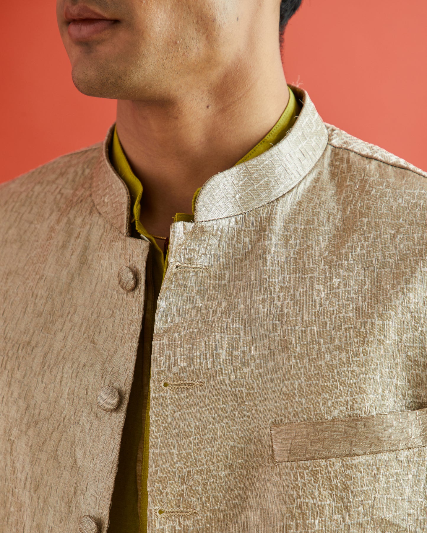 Silver Pure Tissue Brocade Bricks Motif Bandi- Green Hue