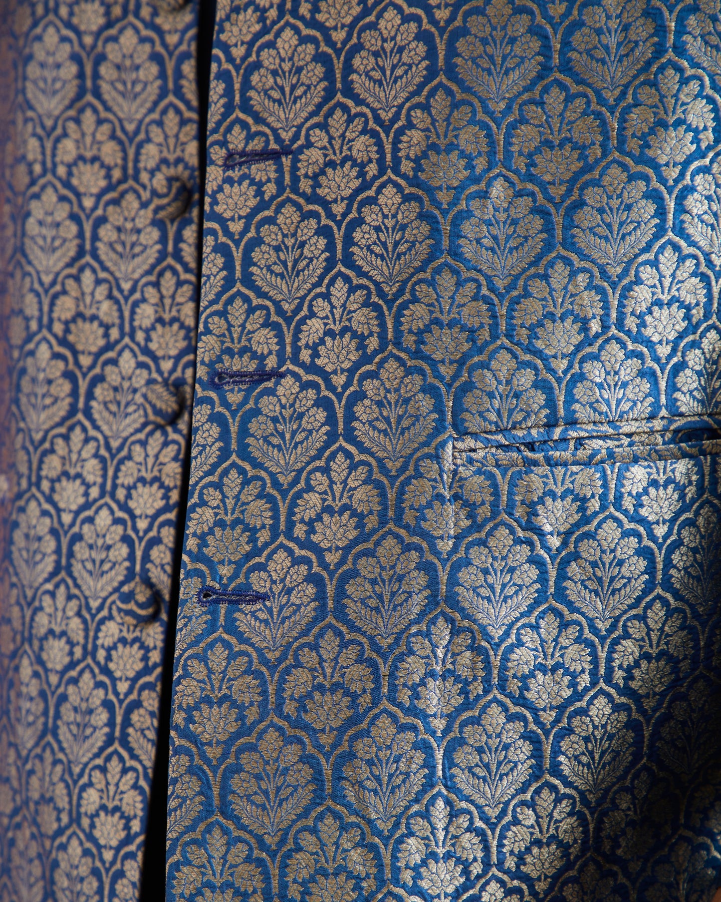 Blue Pure Katan Silk Brocade Floral Motif Bandi- Blue Hue