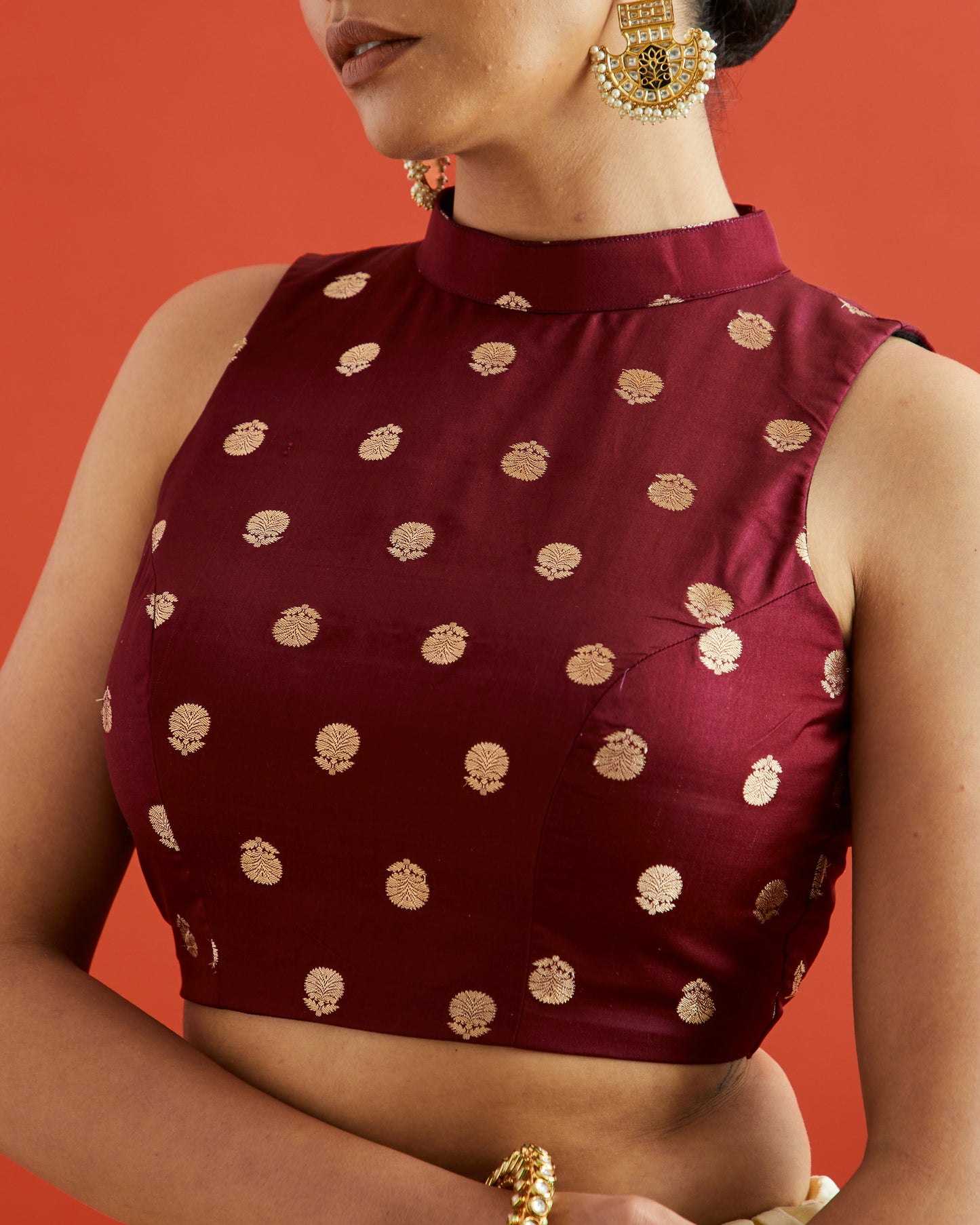Maroon & Gold Buta Brocade High Neck Saree Blouse