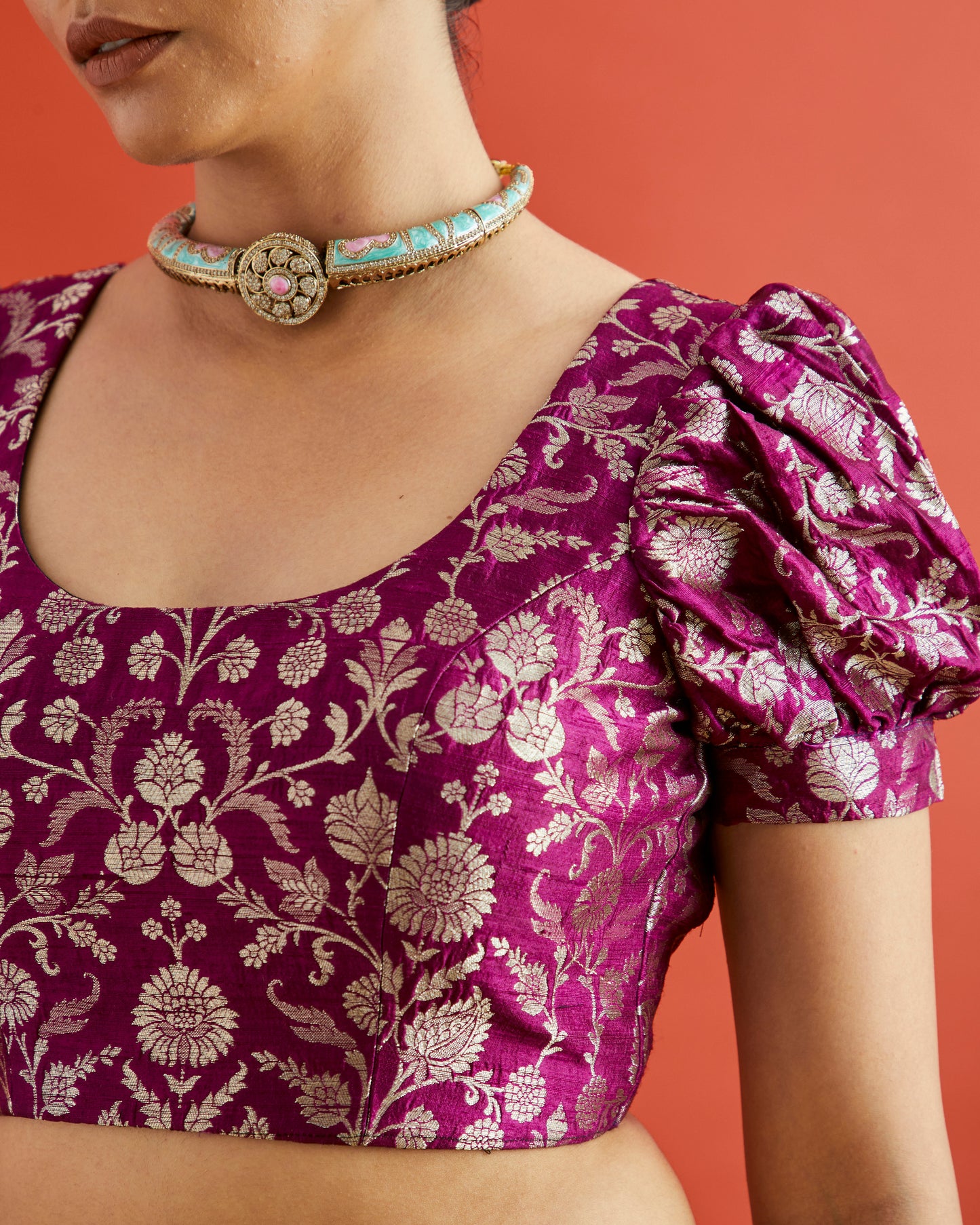 Purple & Gold Floral Brocade Puff Sleeve Saree Blouse