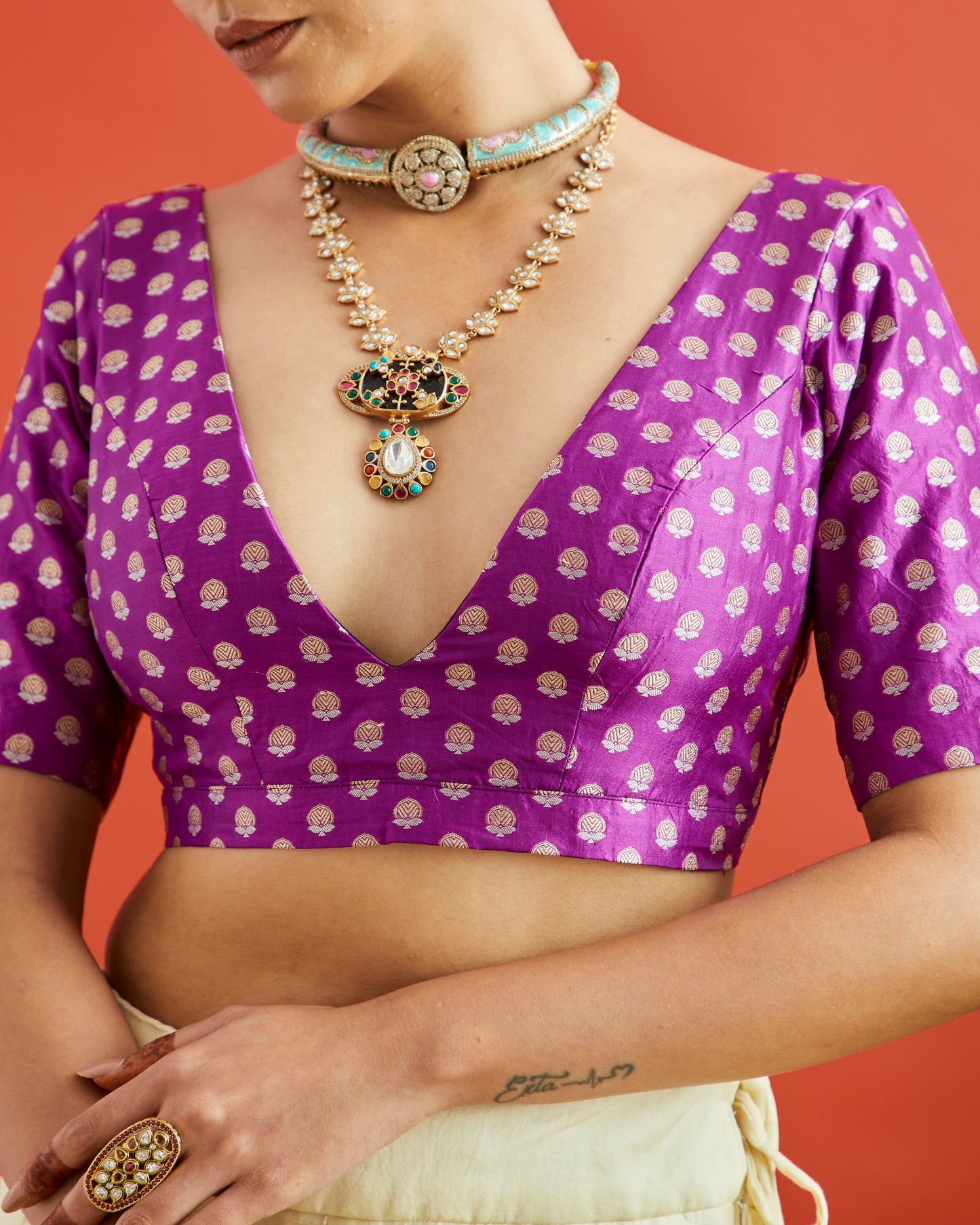 Purple & Gold Buta Brocade Deep Neck Saree Blouse