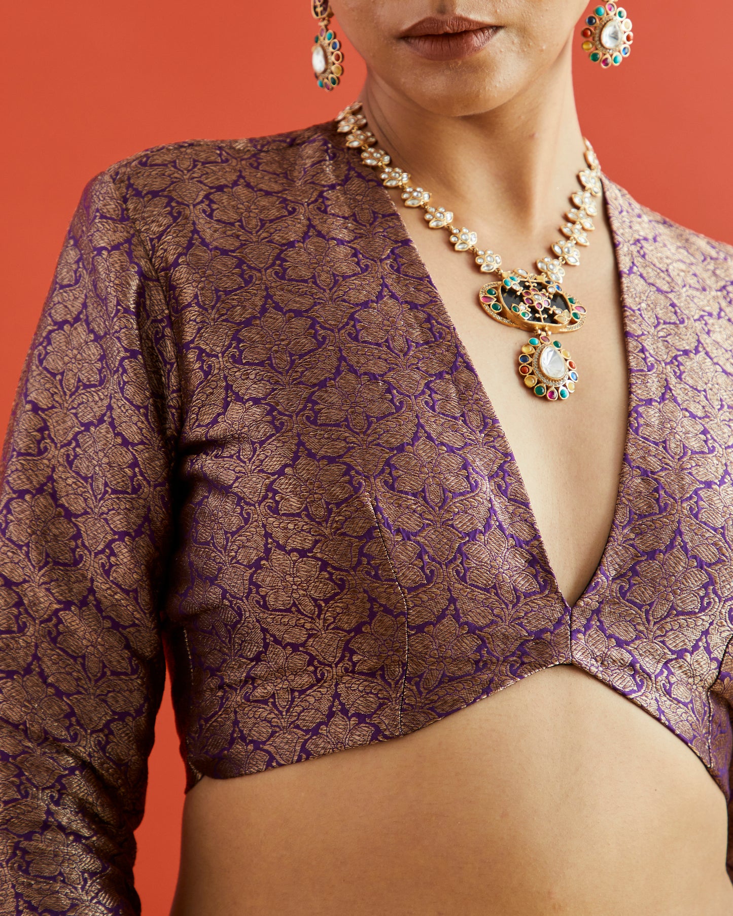 Purple & Gold Jaal Brocade Full Sleeve Saree Blouse