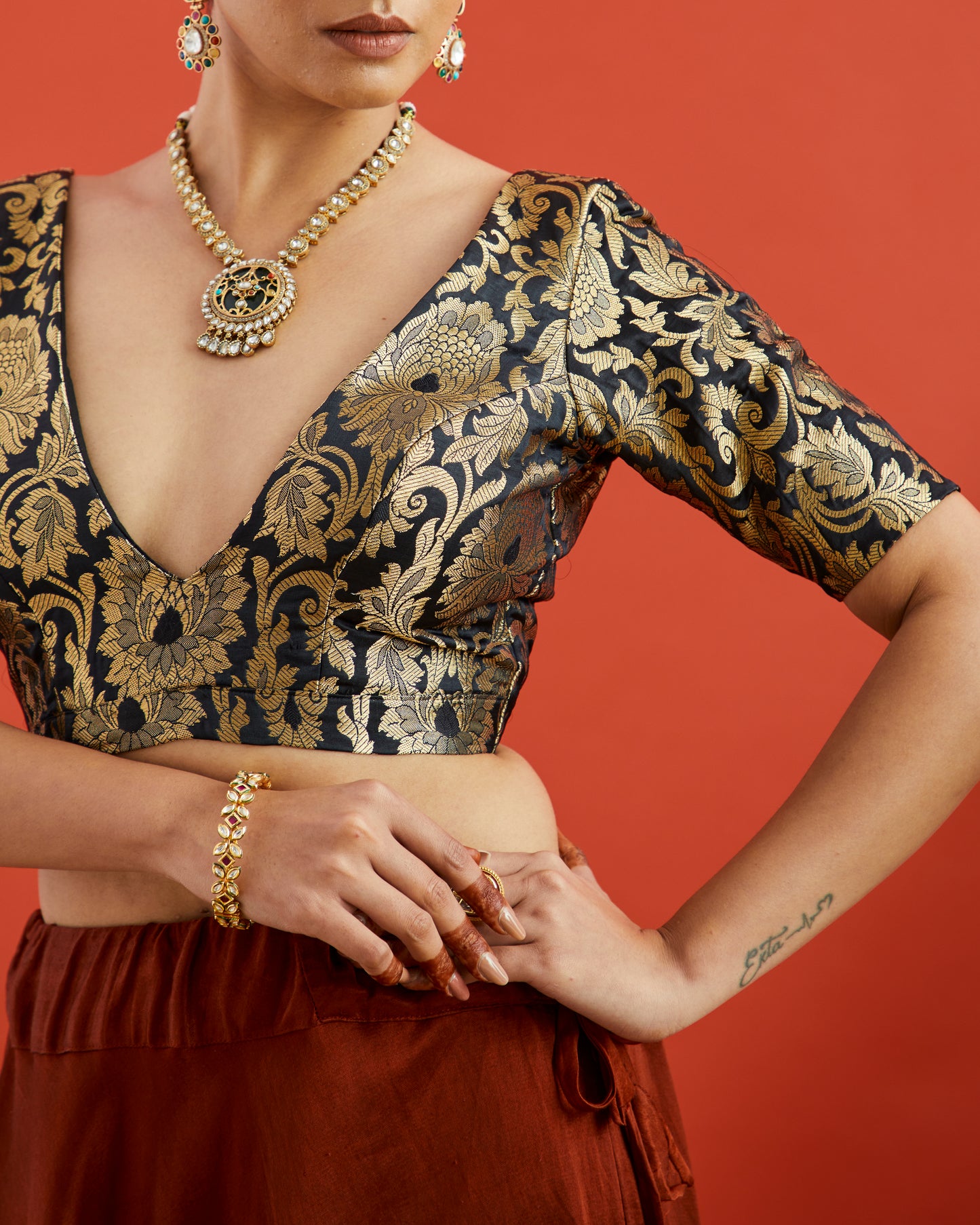 Black & Gold Floral Brocade Deep Neck Saree Blouse