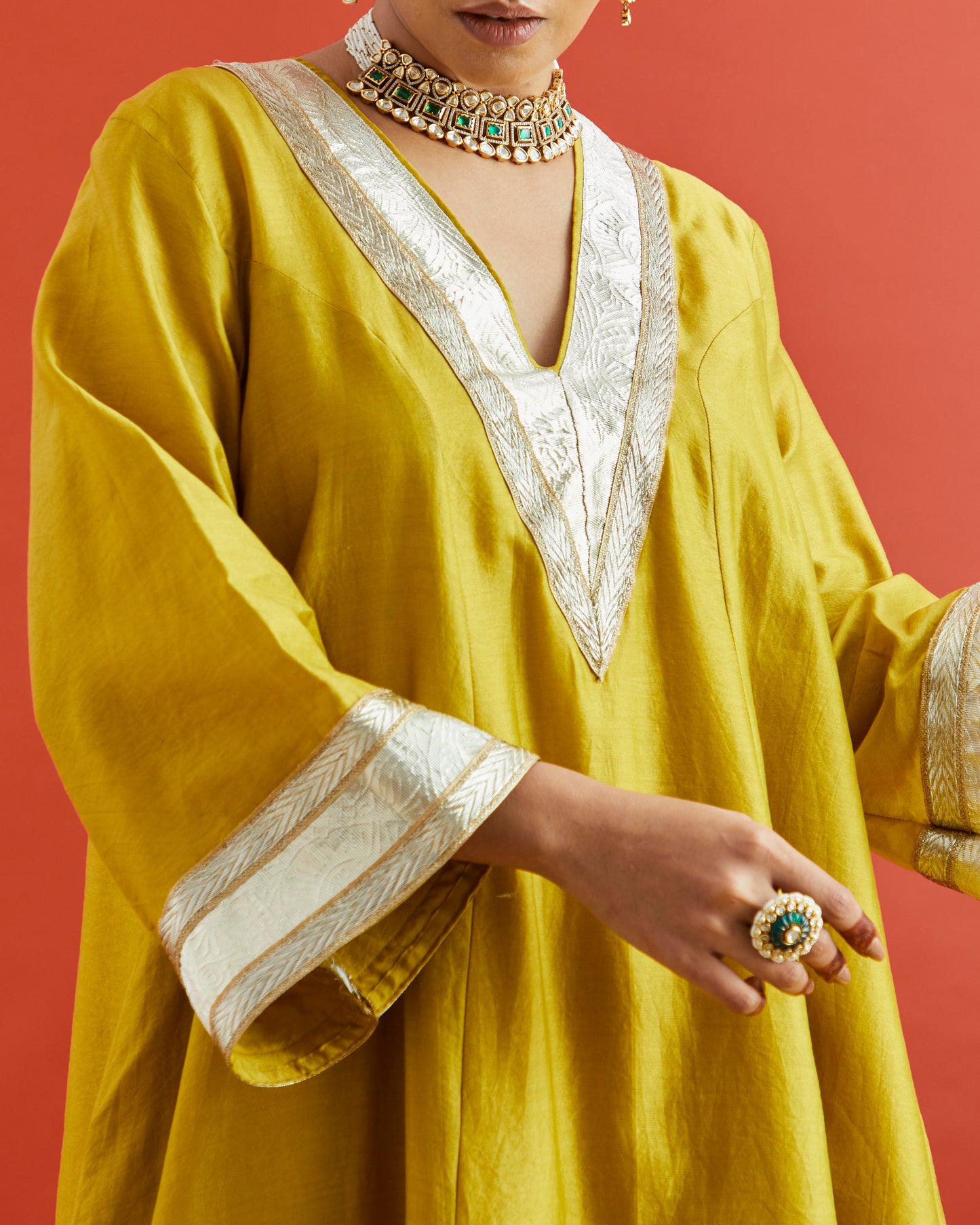 Yellow Pure Chanderi Kaftan Kurta With Gota Patti