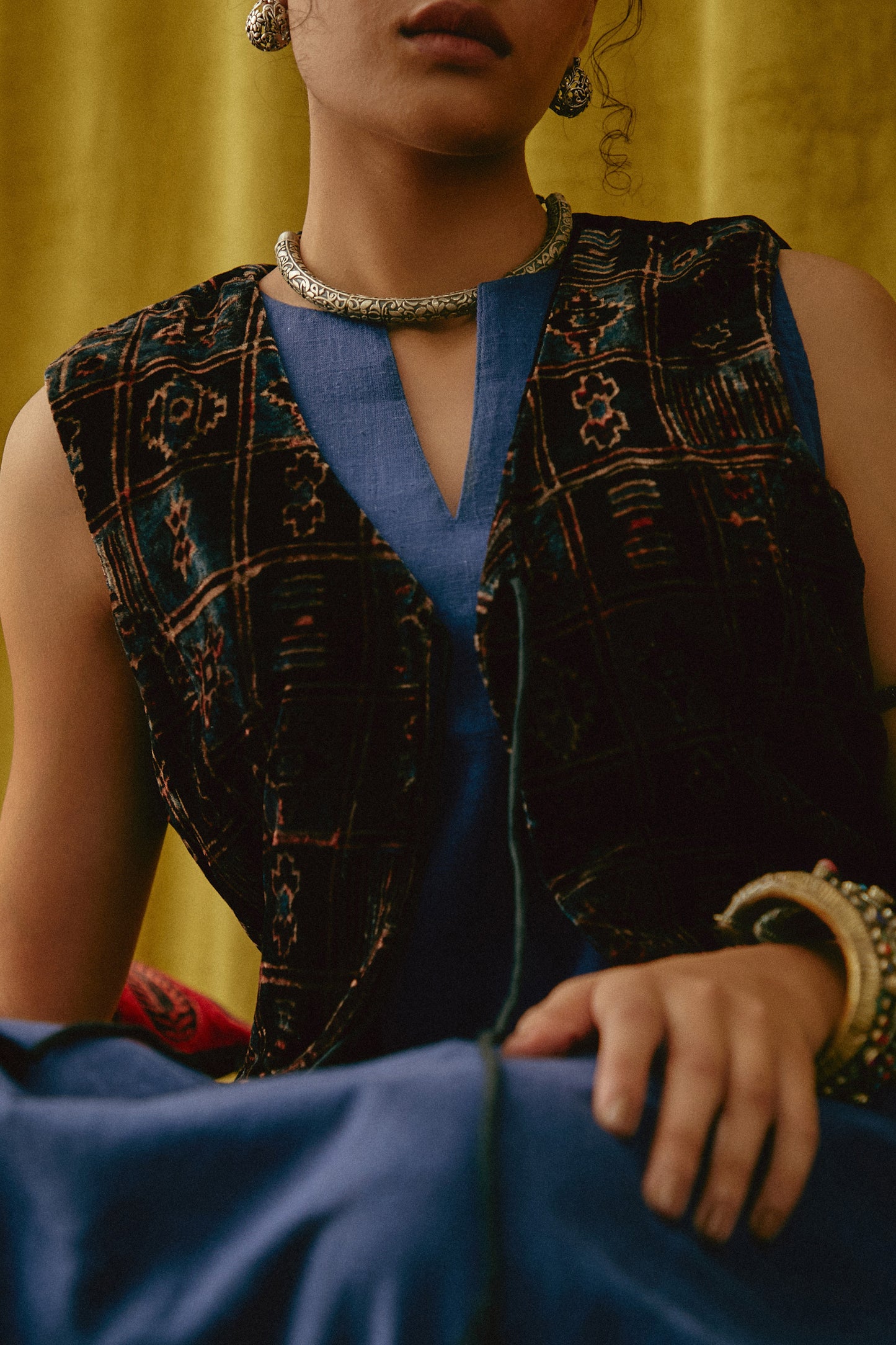 Makhmali Ikat Ajrakh waistcoat