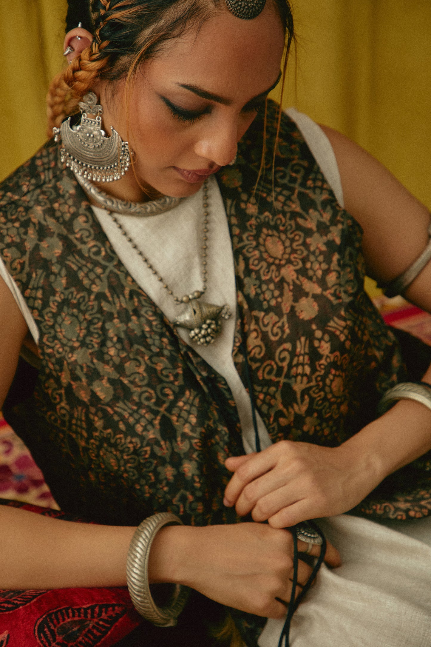 Reshmi Badam Ajrakh waistcoat - Cold Hue