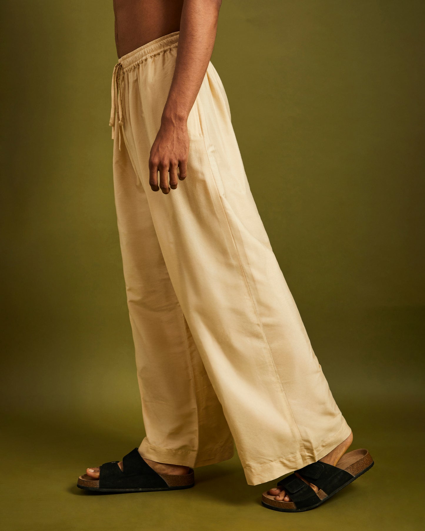 Beige Wide Leg Pants with Elastic and Drawstrings