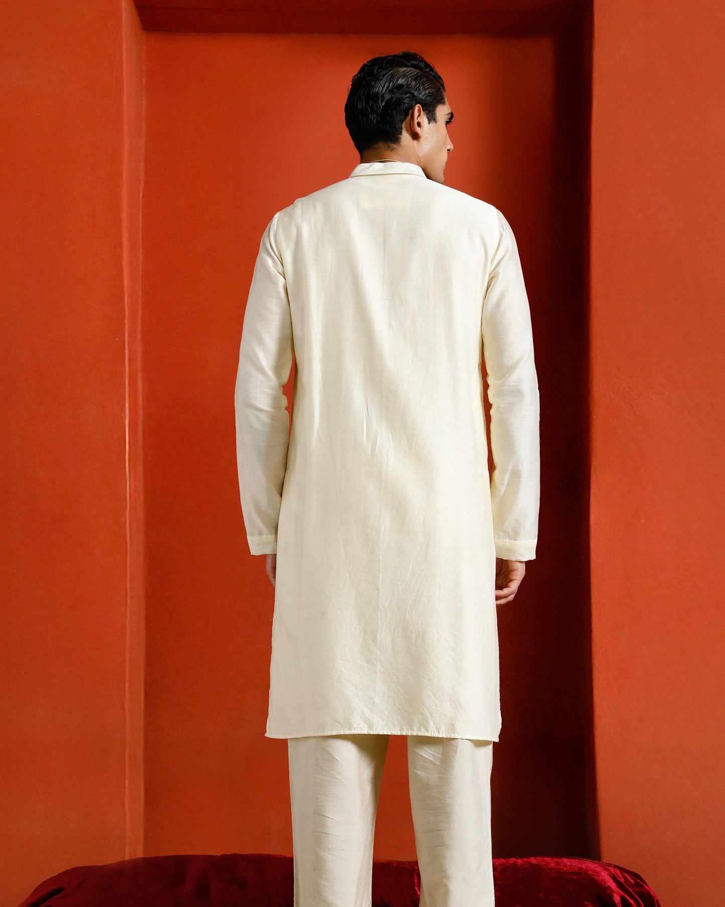 Off white Pure Chanderi Kurta With Gold Piping On Hidden Placket