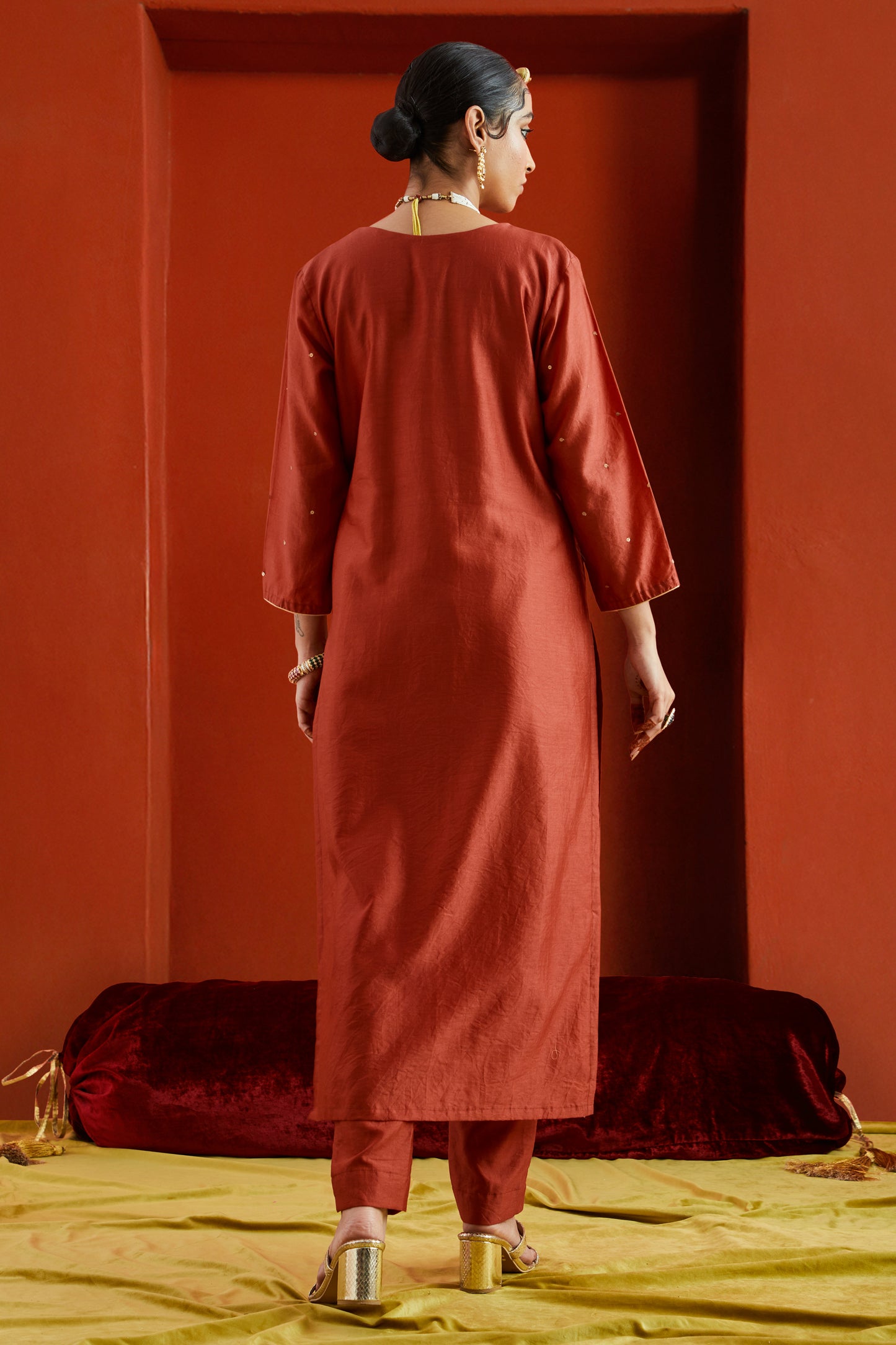 Red Pure Chanderi Straight Kurta With Sequin Embellishment