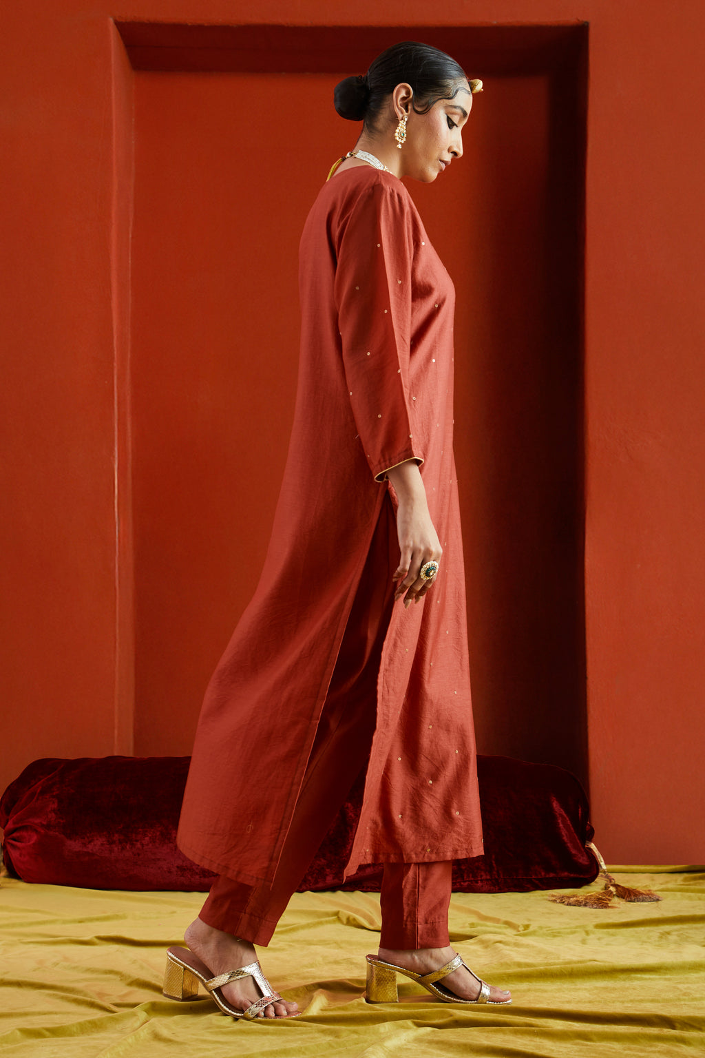 Red Pure Chanderi Straight Kurta With Sequin Embellishment