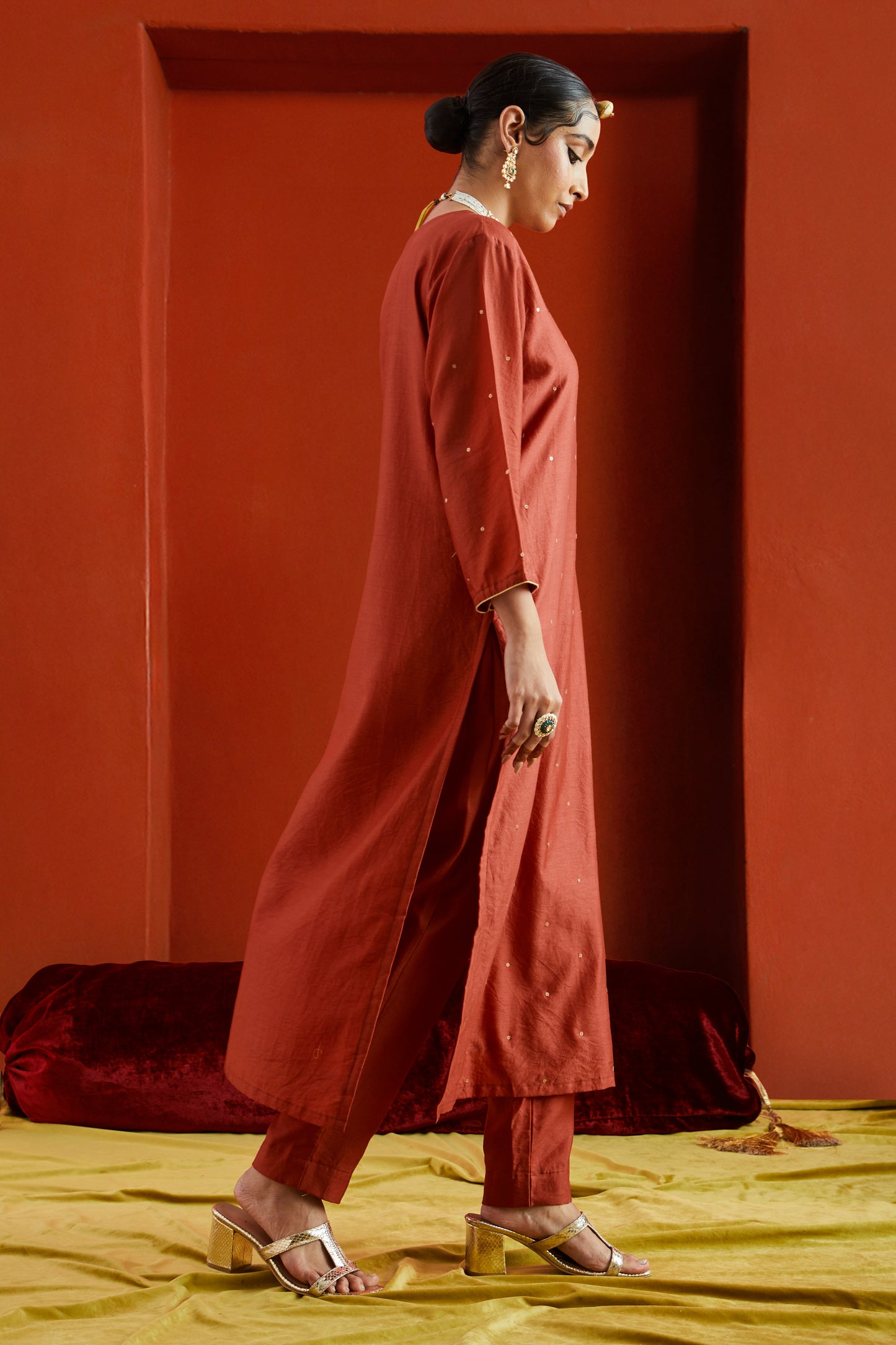 Red Pure Chanderi Straight Kurta With Sequin Embellishment