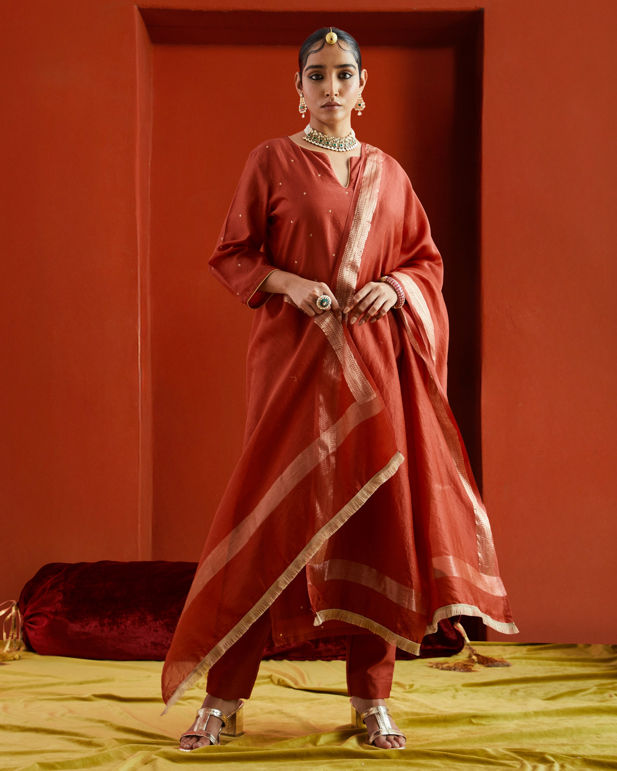 Red Chanderi Dupatta With Gold Woven Border And Fringe Lace On Two Sides
