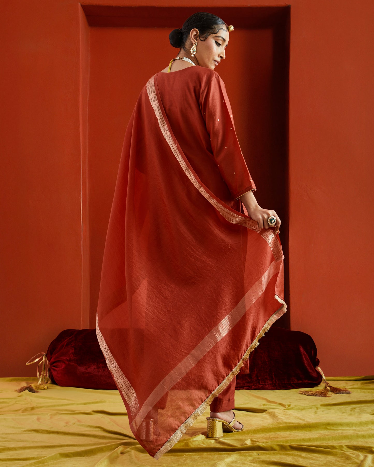Red Chanderi Dupatta With Gold Woven Border And Fringe Lace On Two Sides