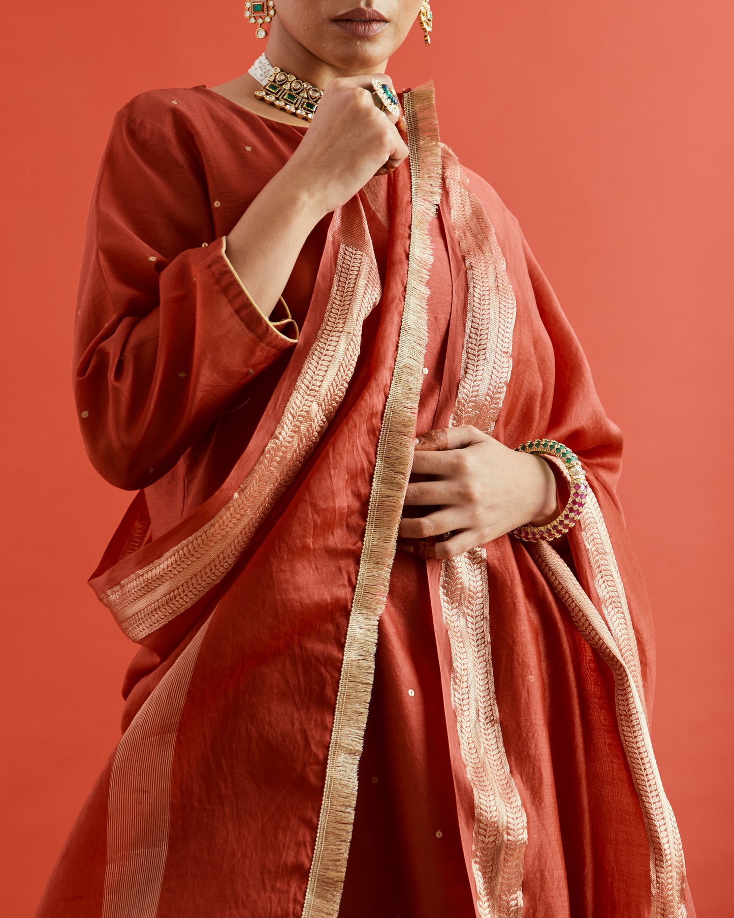 Red Chanderi Dupatta With Gold Woven Border And Fringe Lace On Two Sides