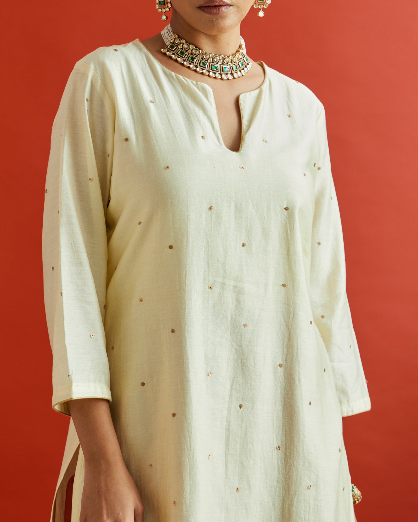 Off White Pure Chanderi Straight Kurta With Sequin Embellishment