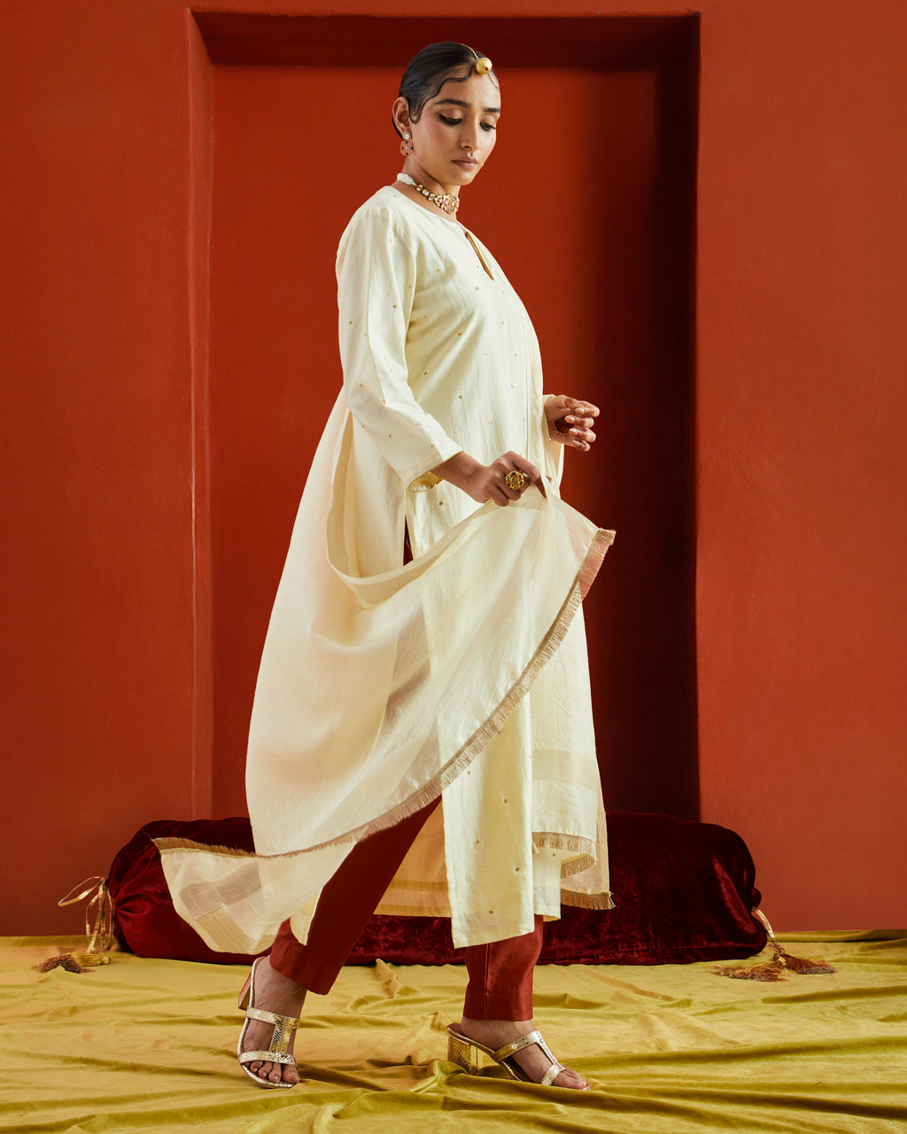 Off White Chanderi Dupatta With Gold Woven Border And Fringe Lace On Two Sides