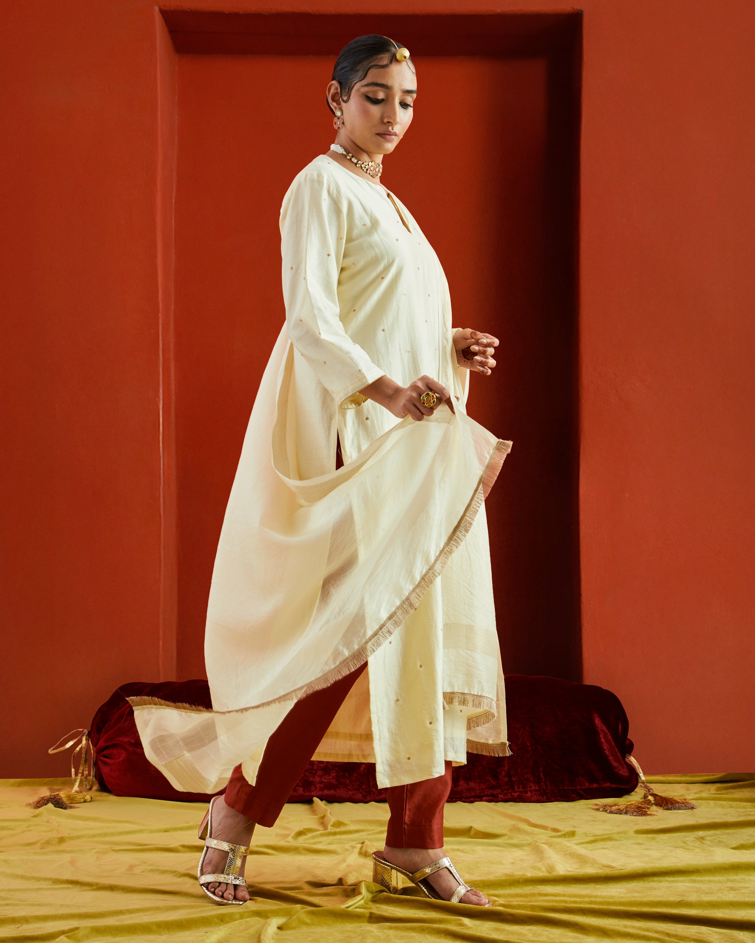 Off White Chanderi Dupatta With Gold Woven Border And Fringe Lace On Two Sides