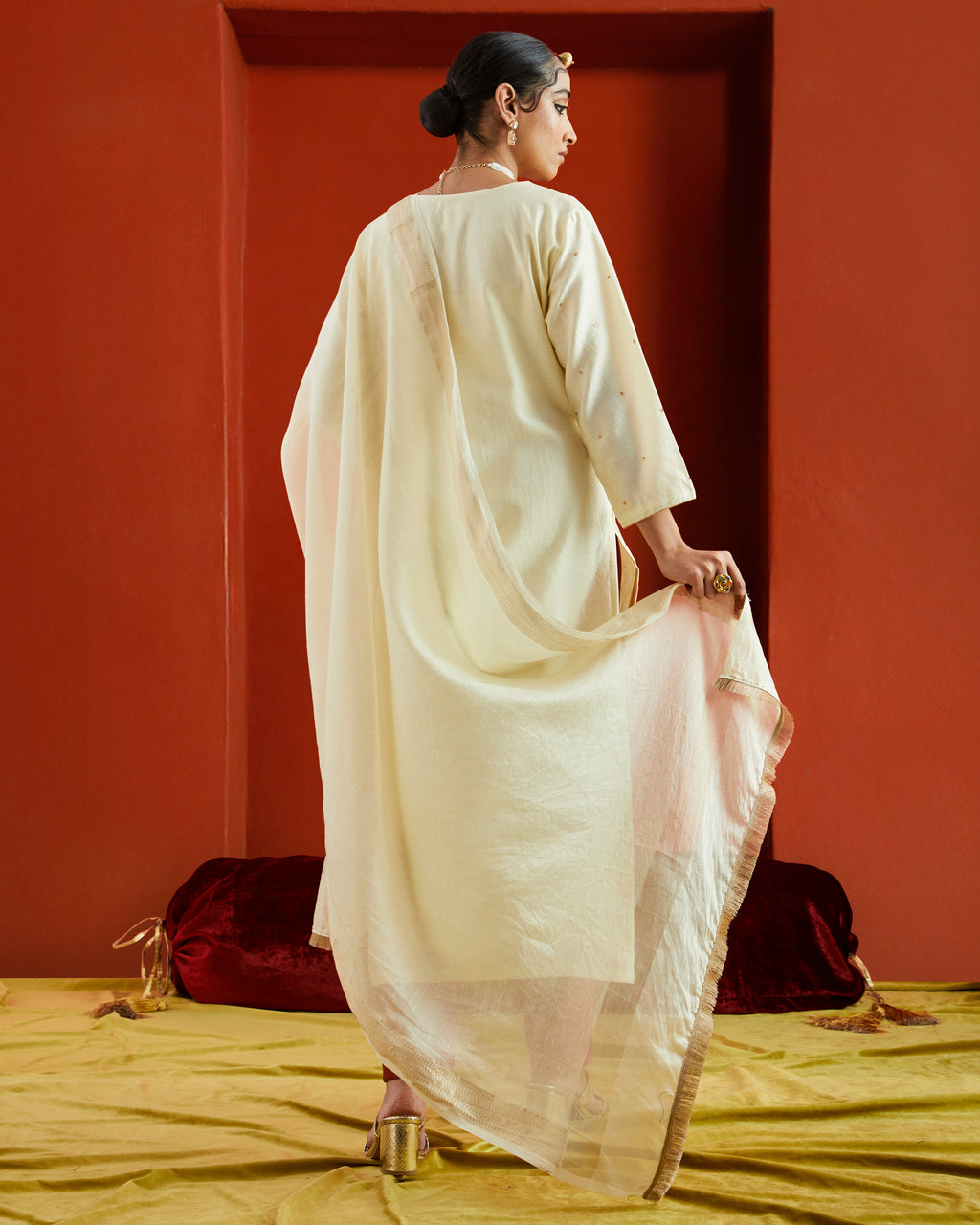 Off White Chanderi Dupatta With Gold Woven Border And Fringe Lace On Two Sides