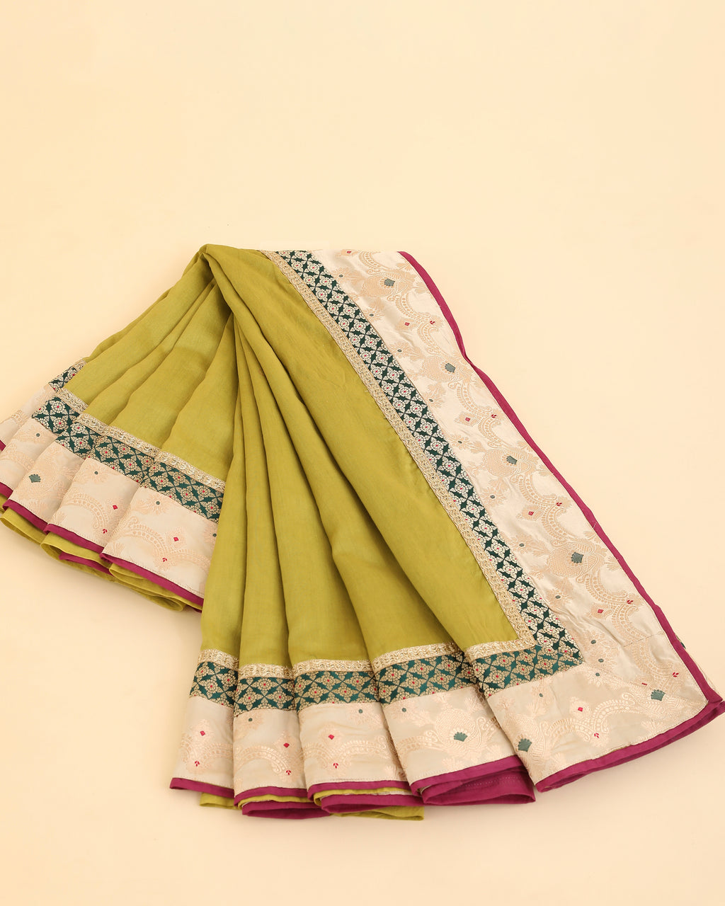 Green Pure Chanderi Saree With Pure Katan Silk Brocade Border