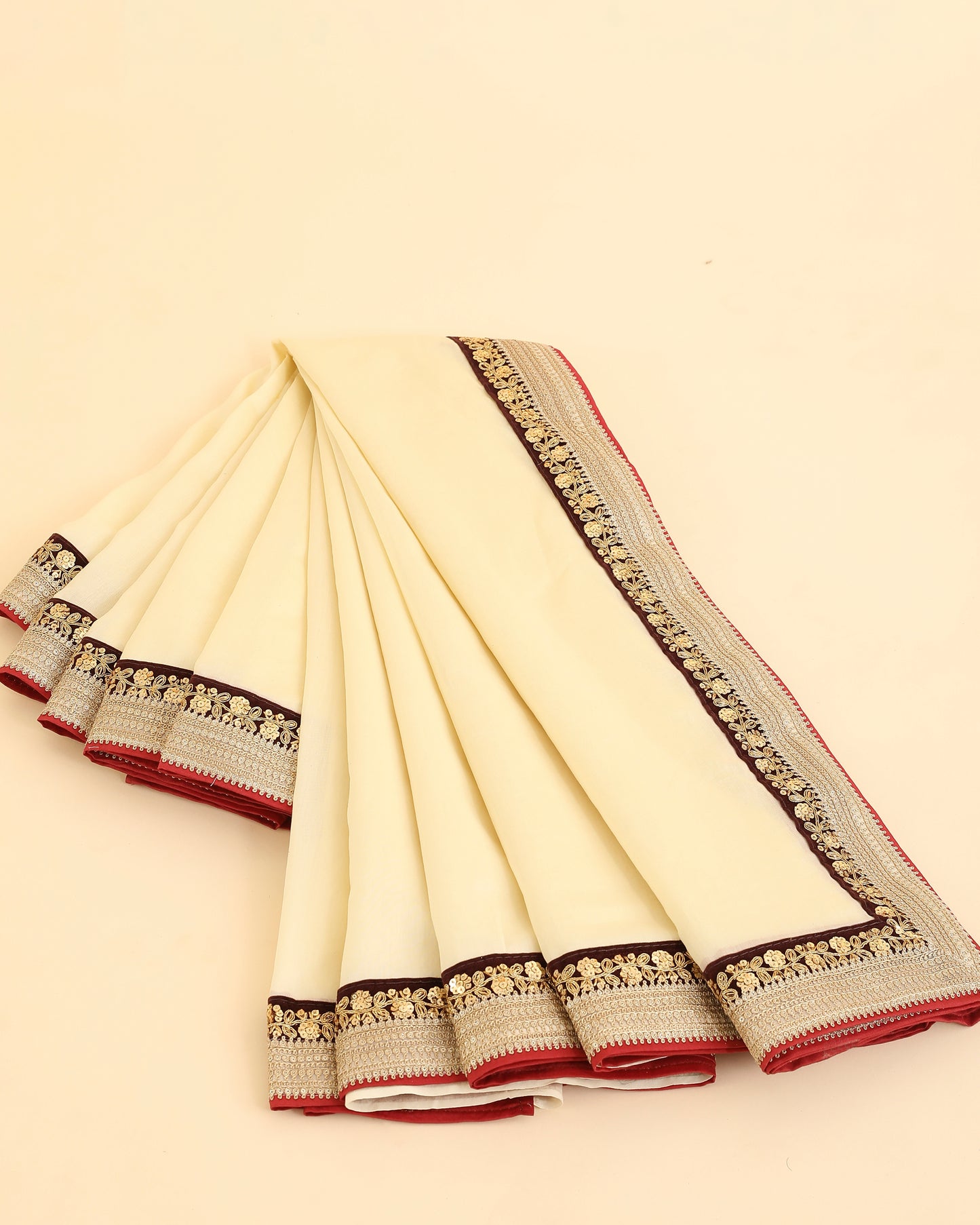 Off White Pure Chanderi Saree With Velvet And Gold Border