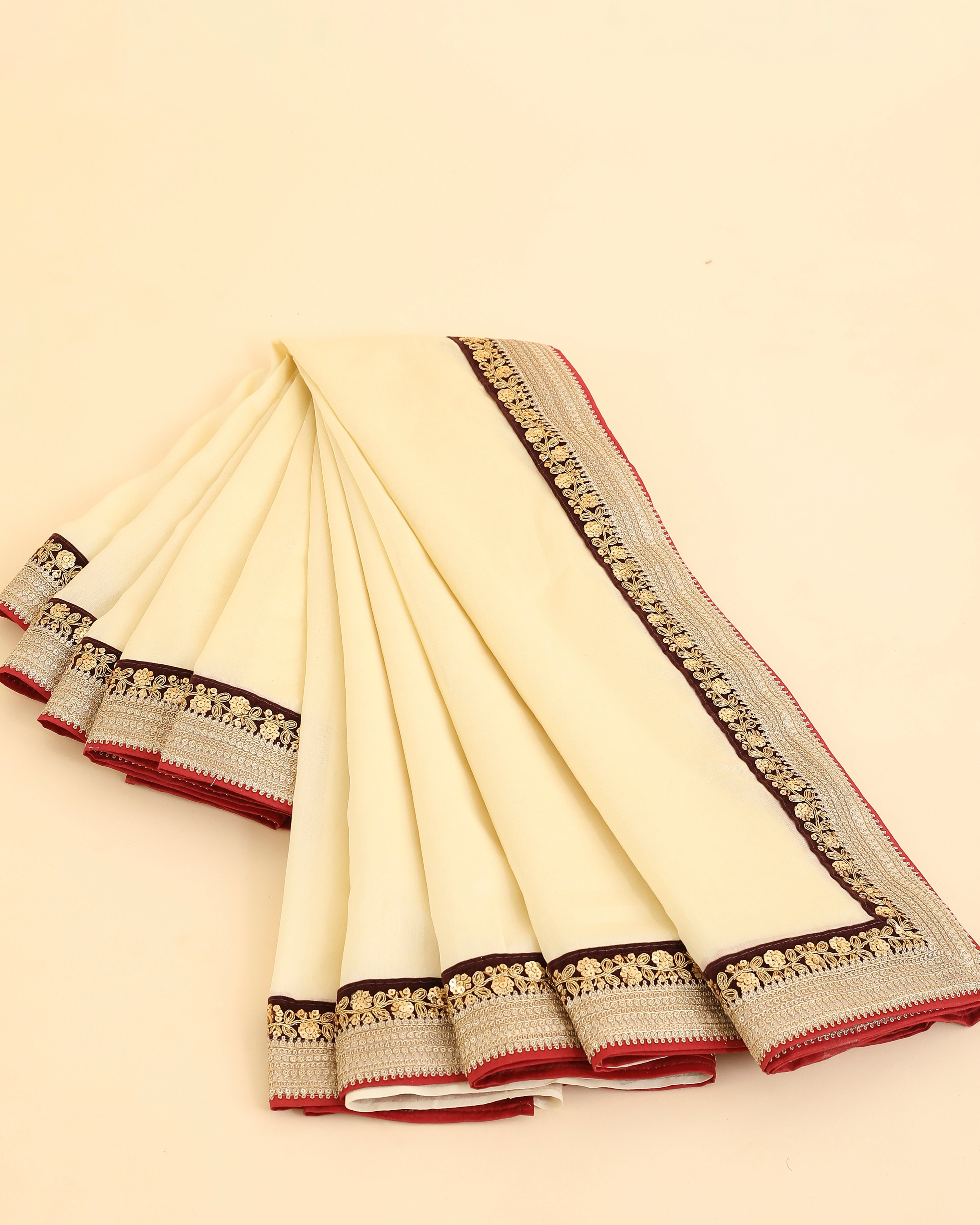 Off White Pure Chanderi Saree With Velvet And Gold Border