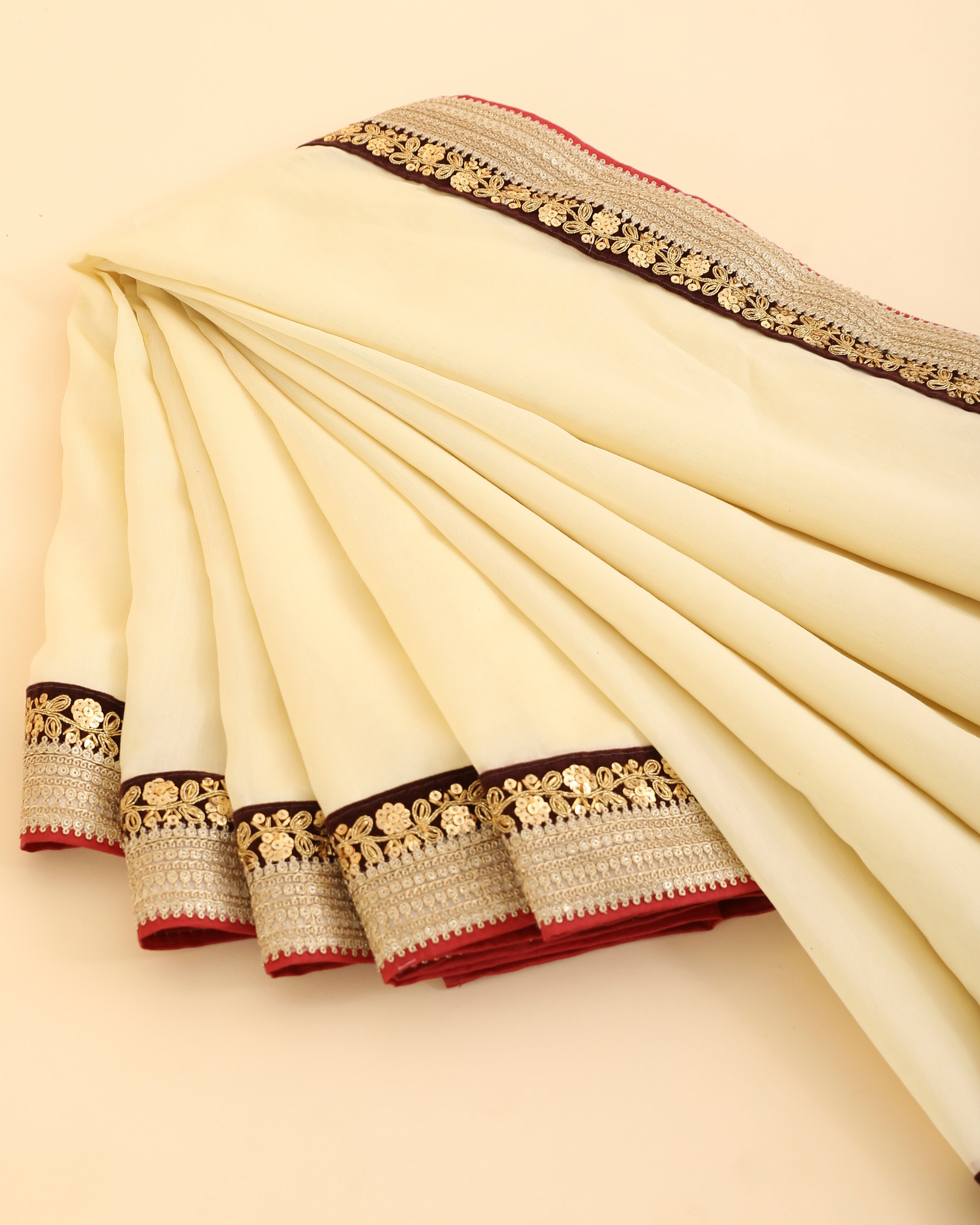 Off White Pure Chanderi Saree With Velvet And Gold Border