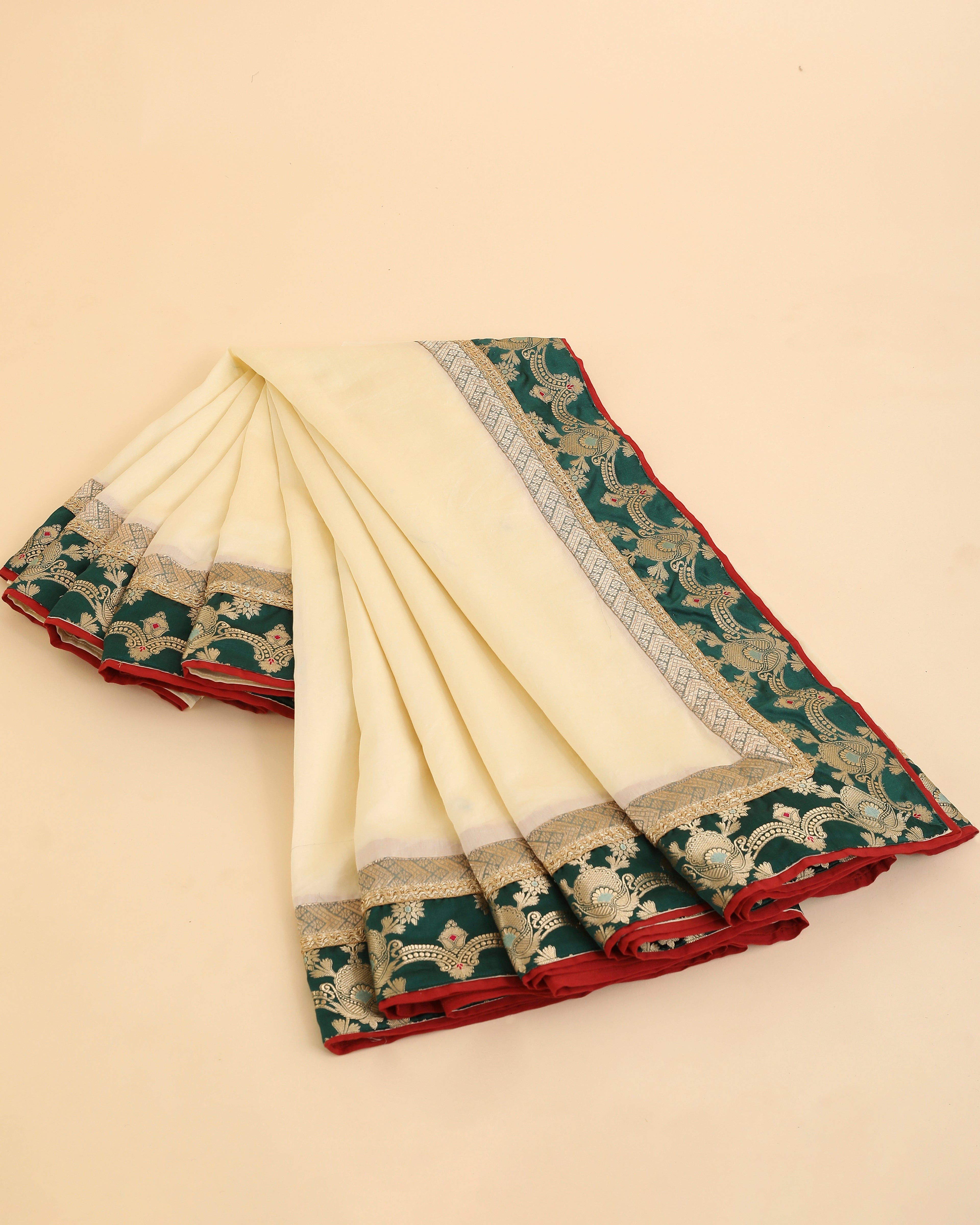 Off White Chanderi Saree with Pure Katan Silk Brocade Border