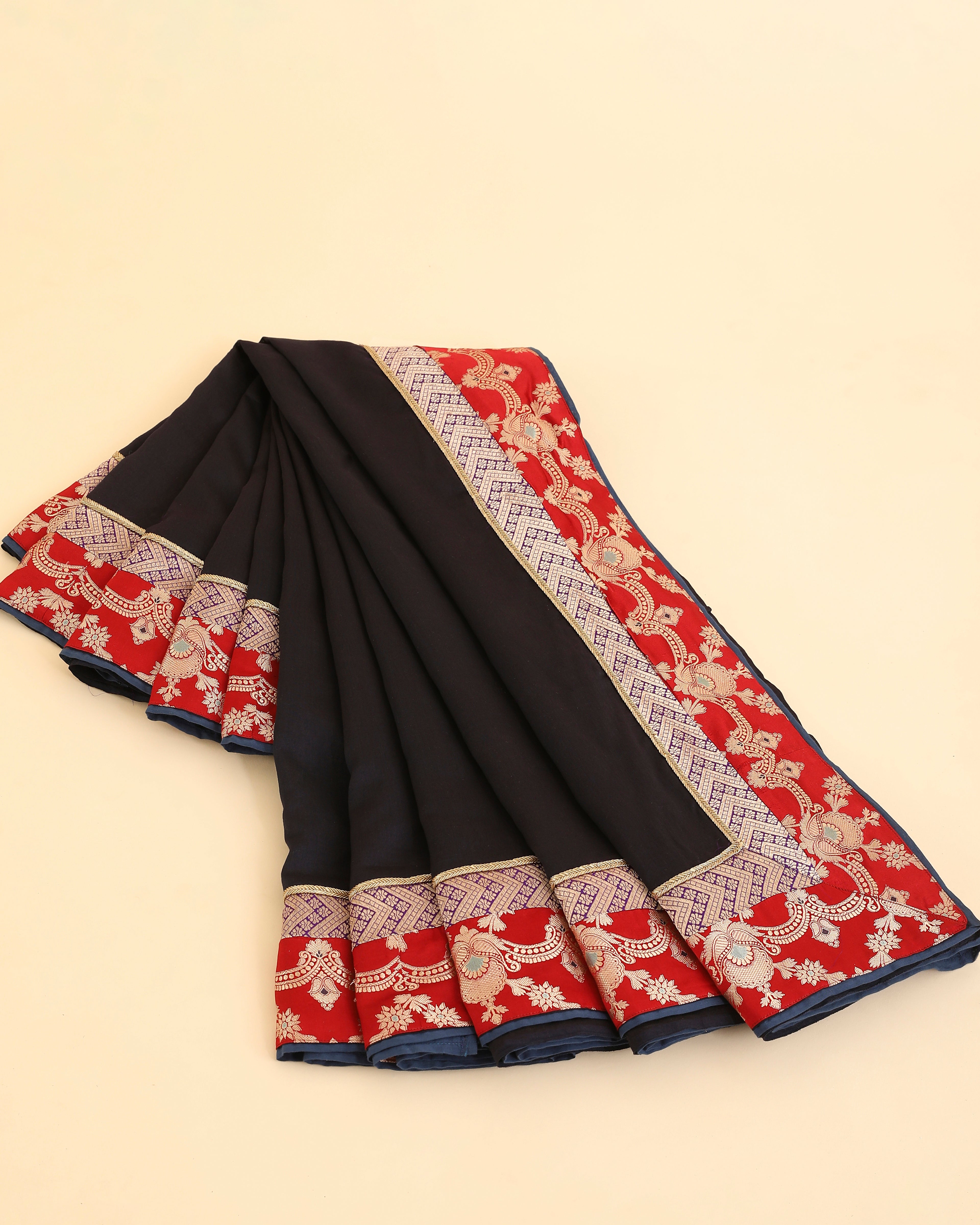 Midnight Blue Black Pure Chanderi Saree With Pure Katan Silk Brocade Border
