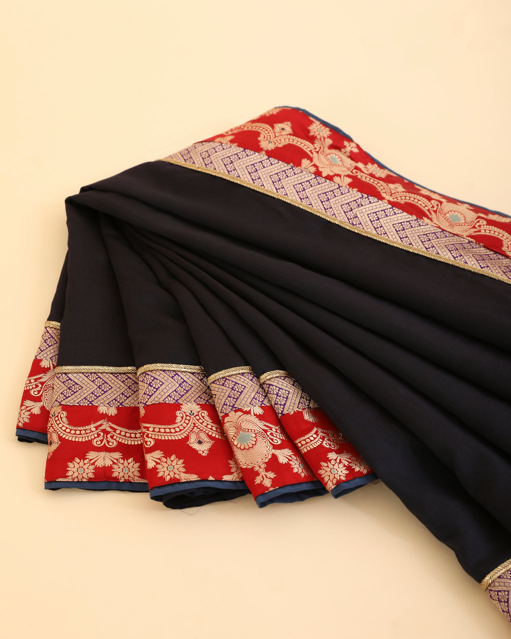 Midnight Blue Black Pure Chanderi Saree With Pure Katan Silk Brocade Border