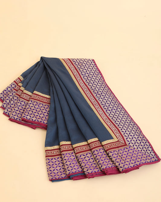 Blue Pure Chanderi Saree with Pure Katan Silk Brocade Border