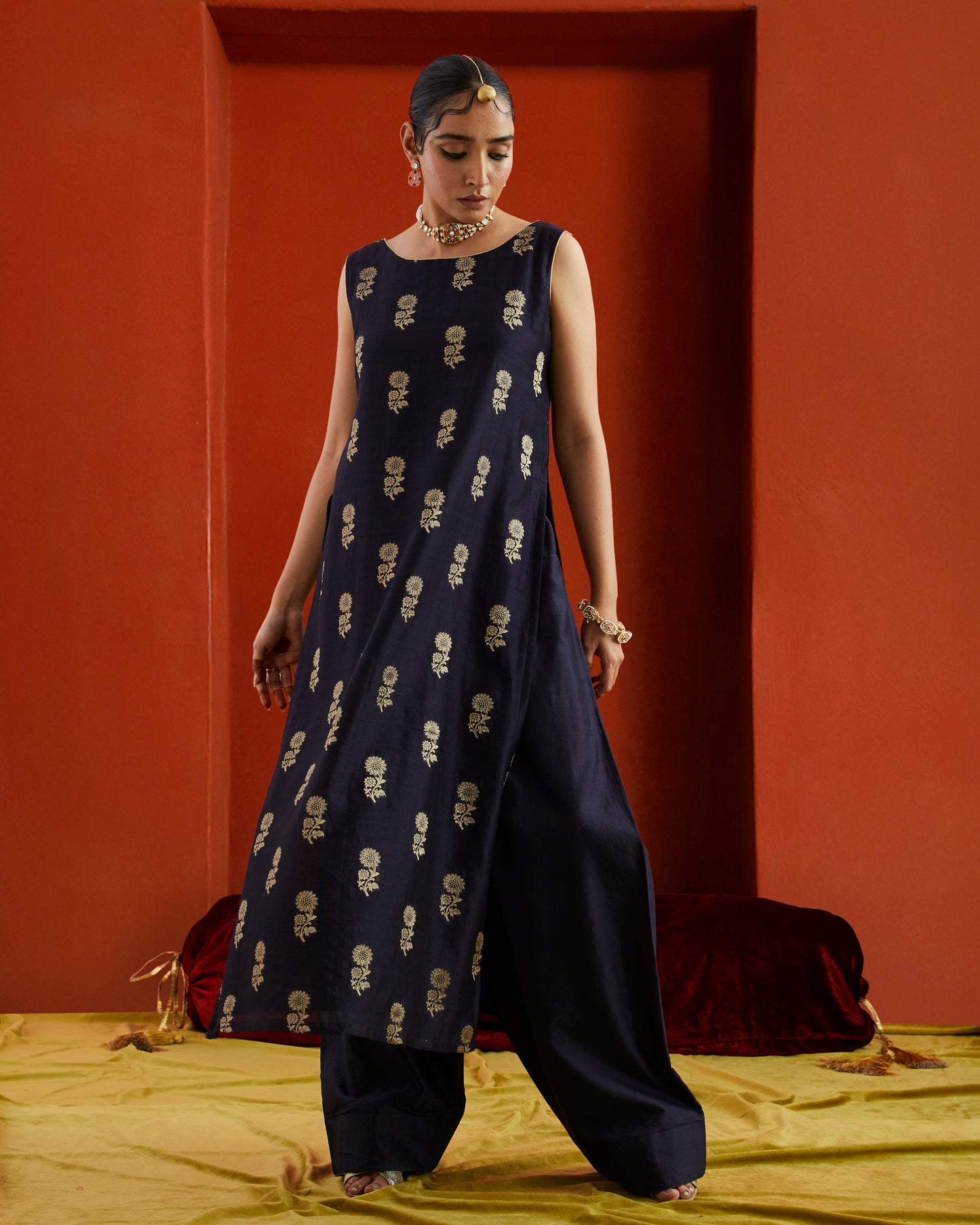 Midnight Blue Black Pure Chanderi Paan Zari Buta Kurta - Sleeveless