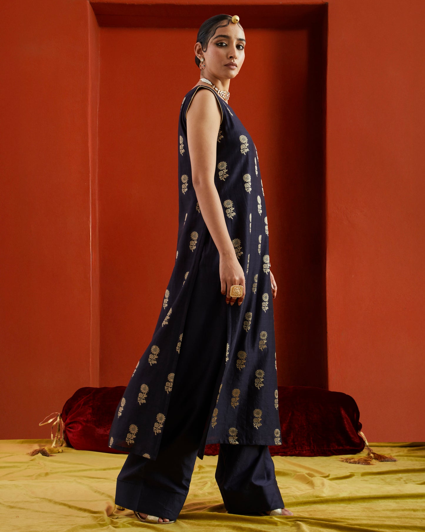 Midnight Blue Black Pure Chanderi Paan Zari Buta Kurta - Sleeveless