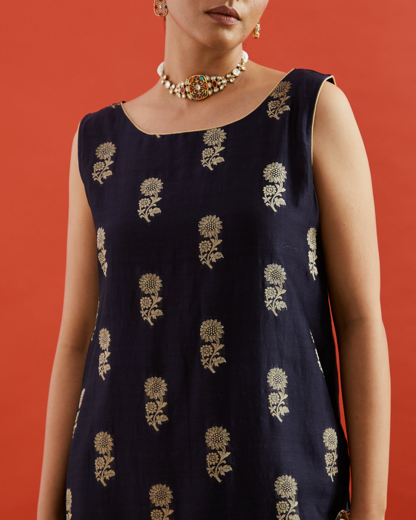 Midnight Blue Black Pure Chanderi Paan Zari Buta Kurta - Sleeveless