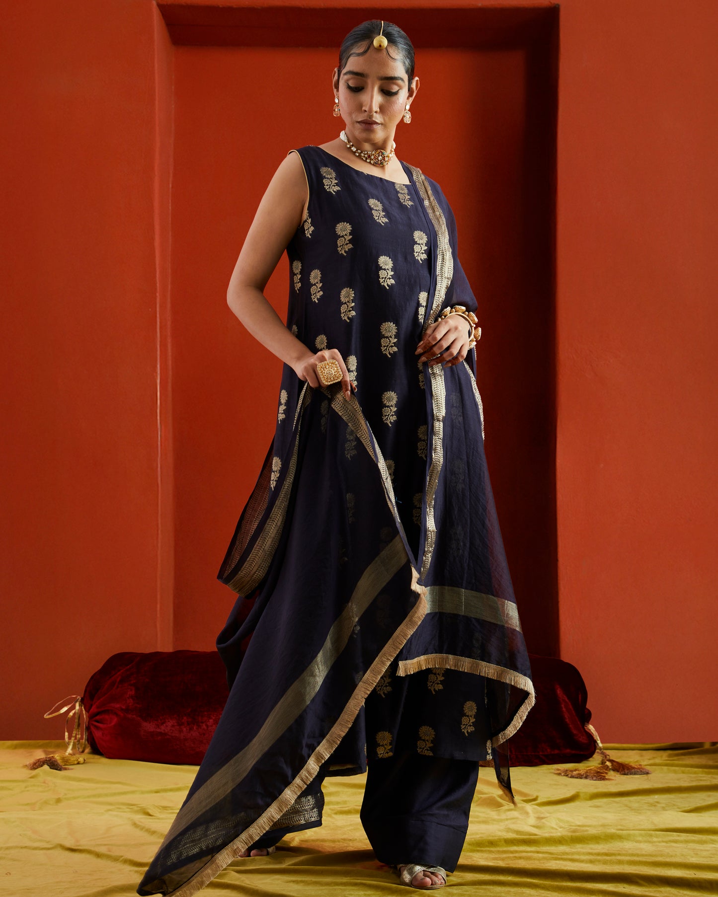 Midnight Blue Black Chanderi Dupatta With Gold Woven Border And Fringe Lace On Two Sides