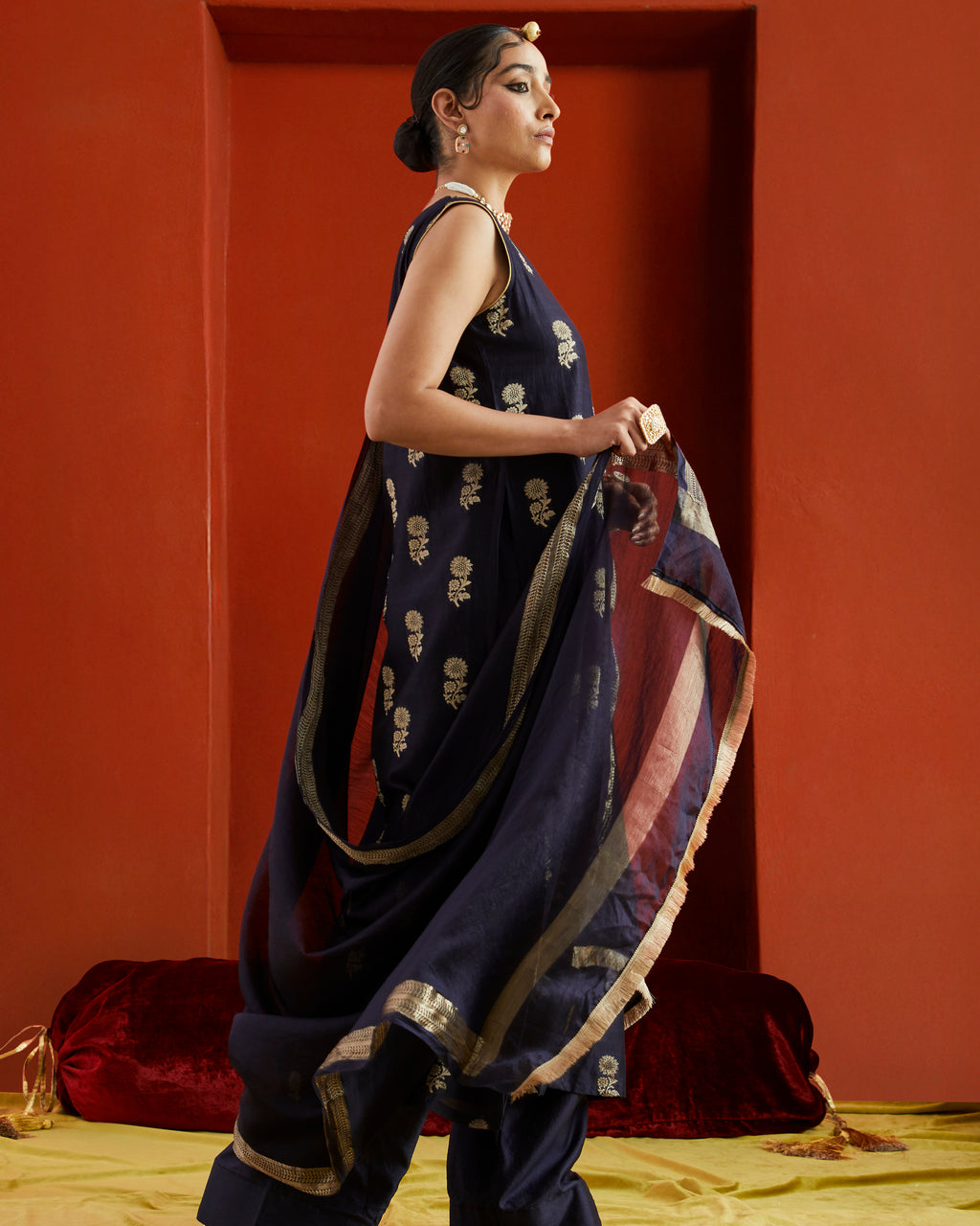 Midnight Blue Black Chanderi Dupatta With Gold Woven Border And Fringe Lace On Two Sides