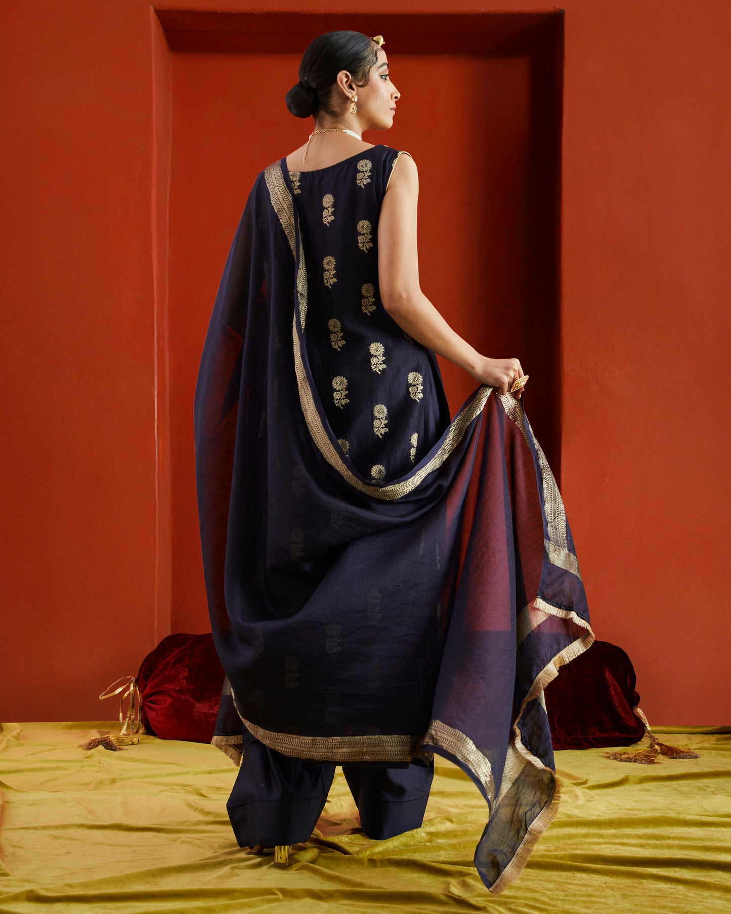 Midnight Blue Black Chanderi Dupatta With Gold Woven Border And Fringe Lace On Two Sides