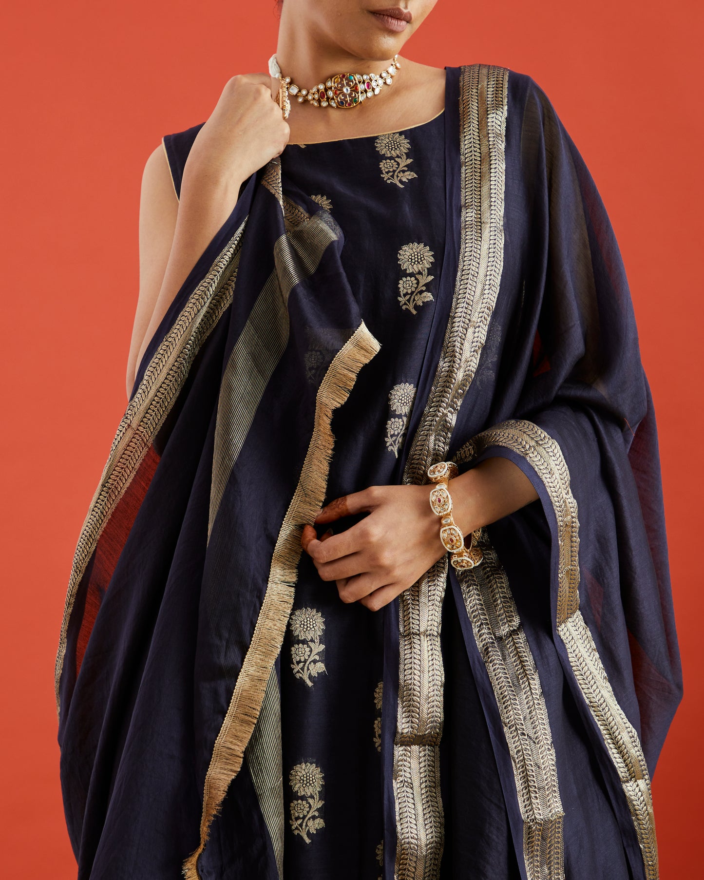 Midnight Blue Black Chanderi Dupatta With Gold Woven Border And Fringe Lace On Two Sides