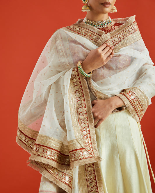 Pure Handwoven Silk Dupatta With Sandwiched Sequins And Red & Gold Woven Border With Fringe Lace