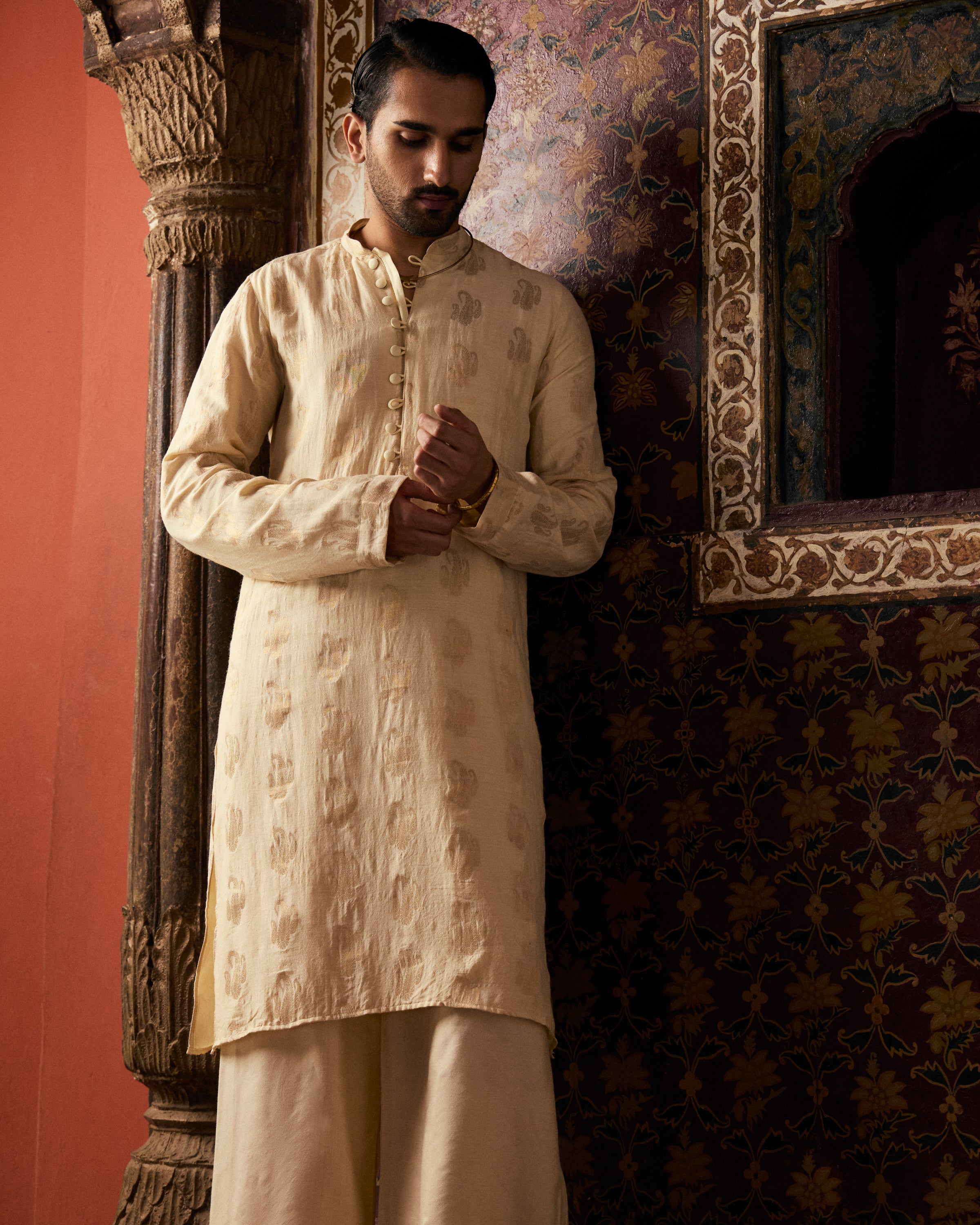Off White Munga Silk Handwoven Buta Kurta