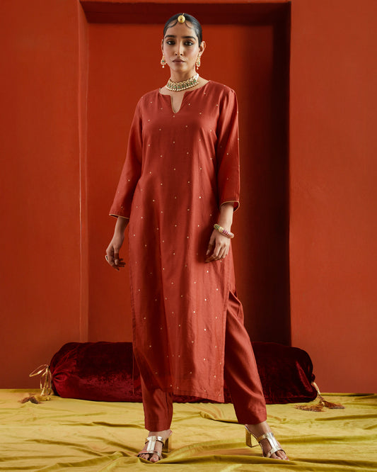 Red Pure Chanderi Straight Kurta With Sequin Embellishment