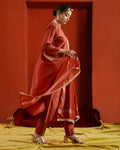 Red Chanderi Dupatta With Gold Woven Border And Fringe Lace On Two Sides