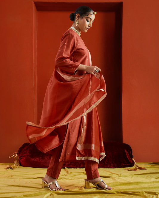 Red Chanderi Dupatta With Gold Woven Border And Fringe Lace On Two Sides