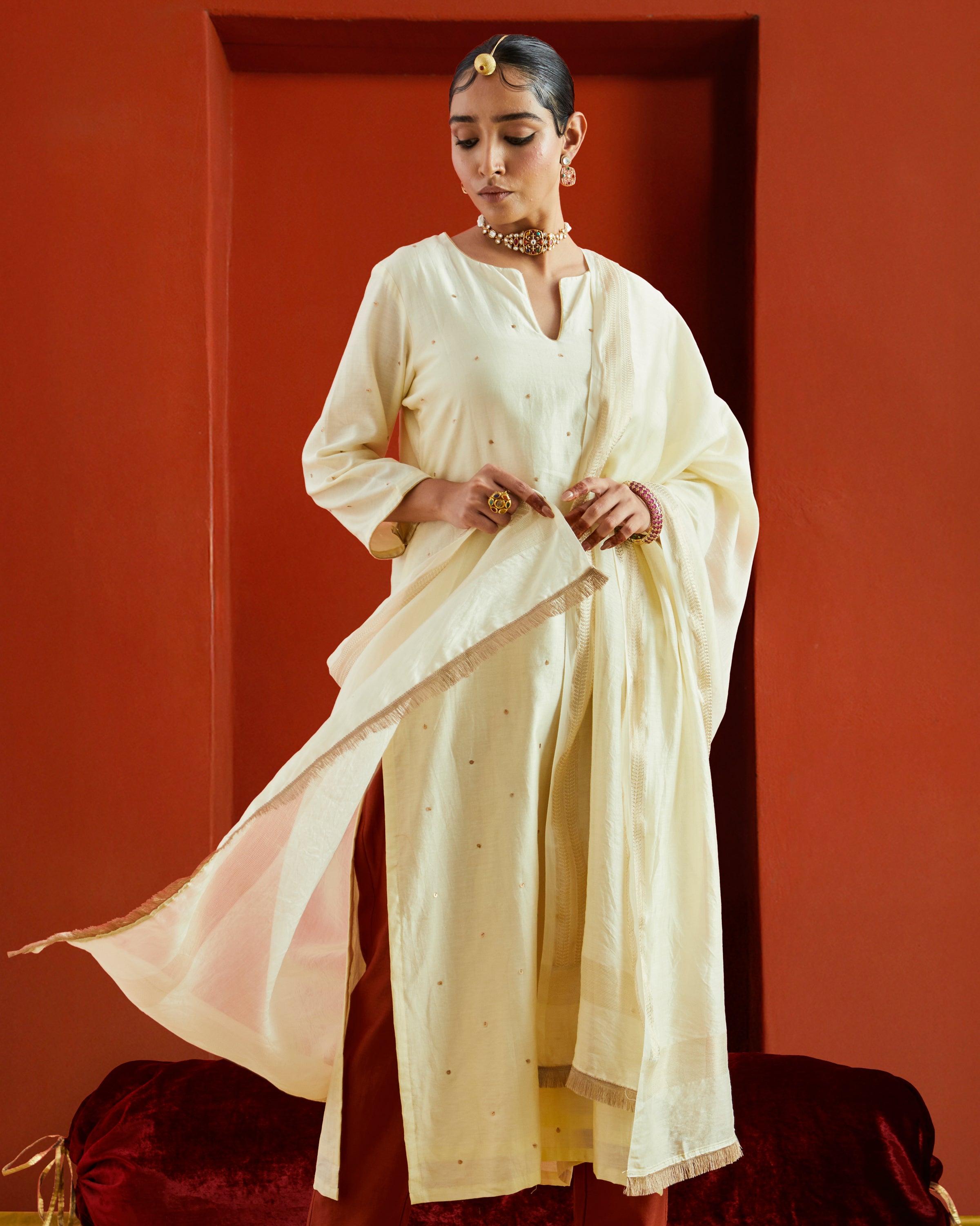 Off White Chanderi Dupatta With Gold Woven Border And Fringe Lace On Two Sides