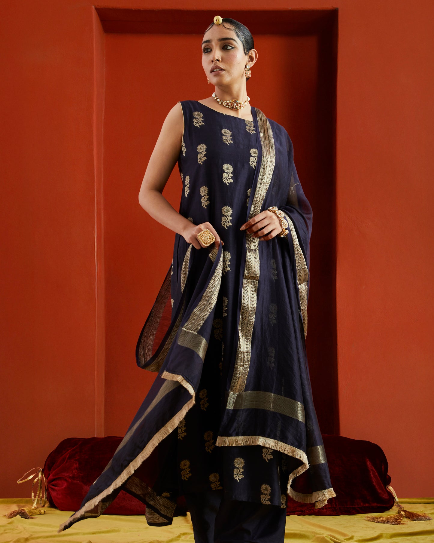 Midnight Blue Black Chanderi Dupatta With Gold Woven Border And Fringe Lace On Two Sides