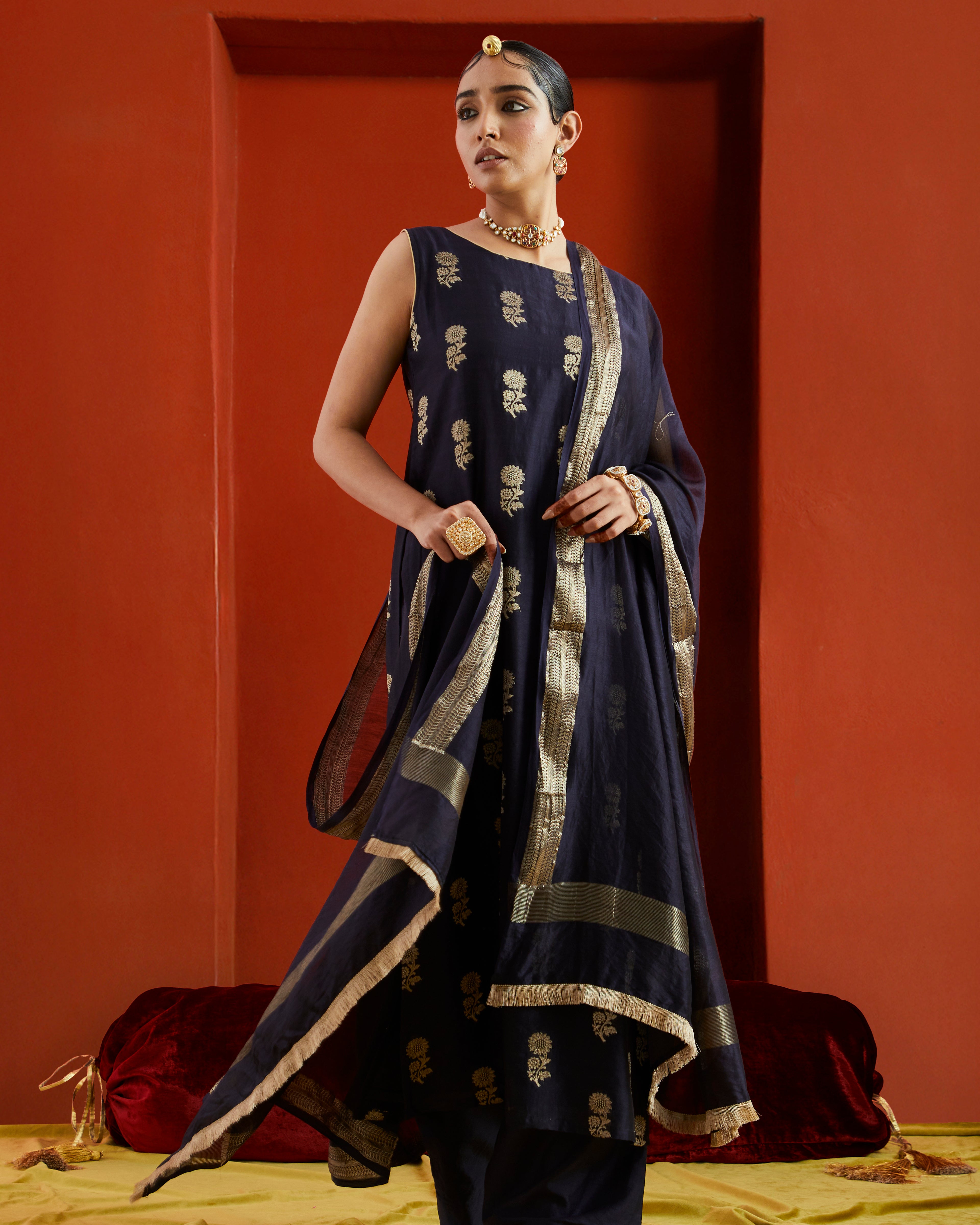 Midnight Blue Black Chanderi Dupatta With Gold Woven Border And Fringe Lace On Two Sides