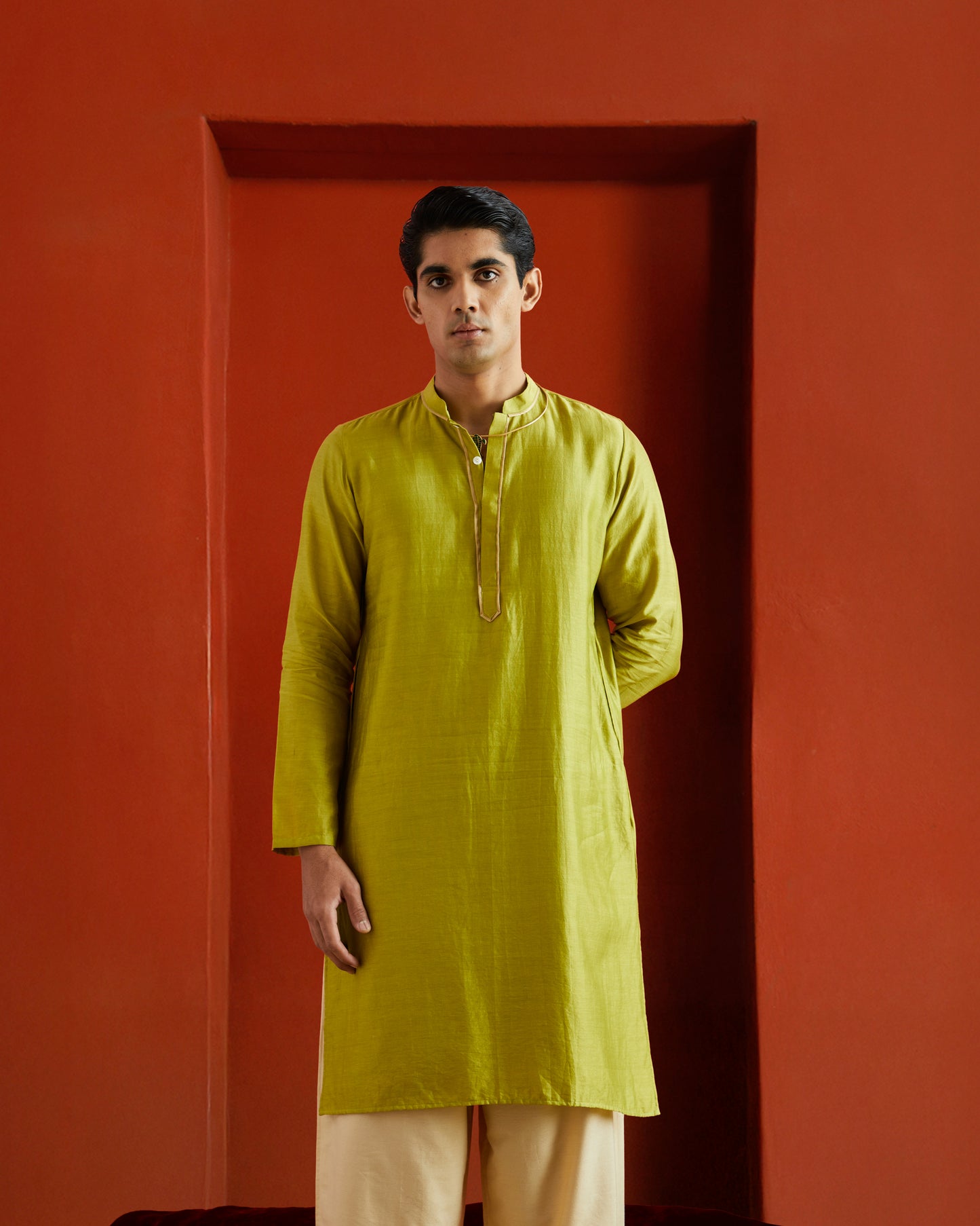 Green Pure Chanderi Kurta With Gold Piping On Hidden Placket