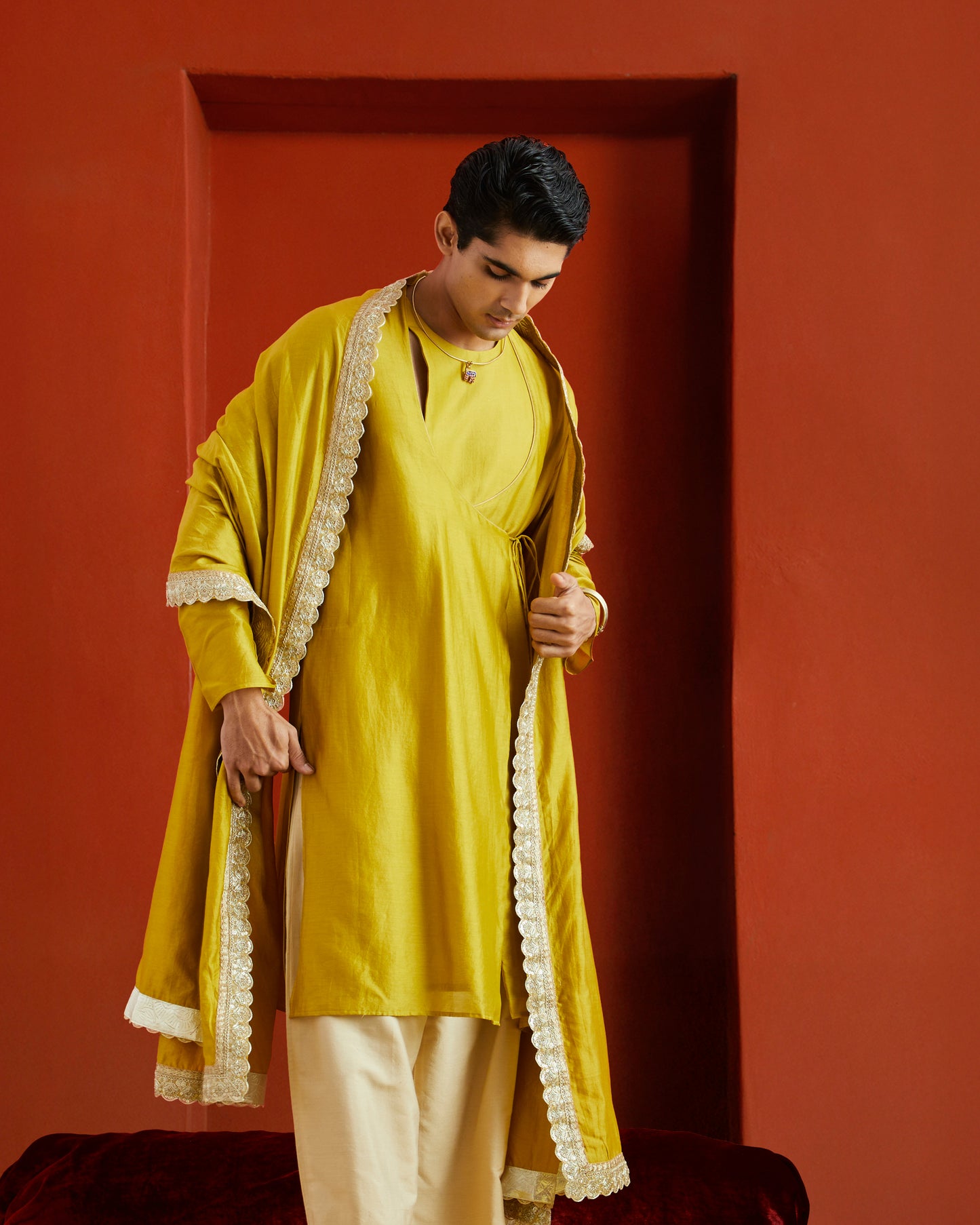 Yellow Pure Chanderi Lohi With Lace And Gota Border