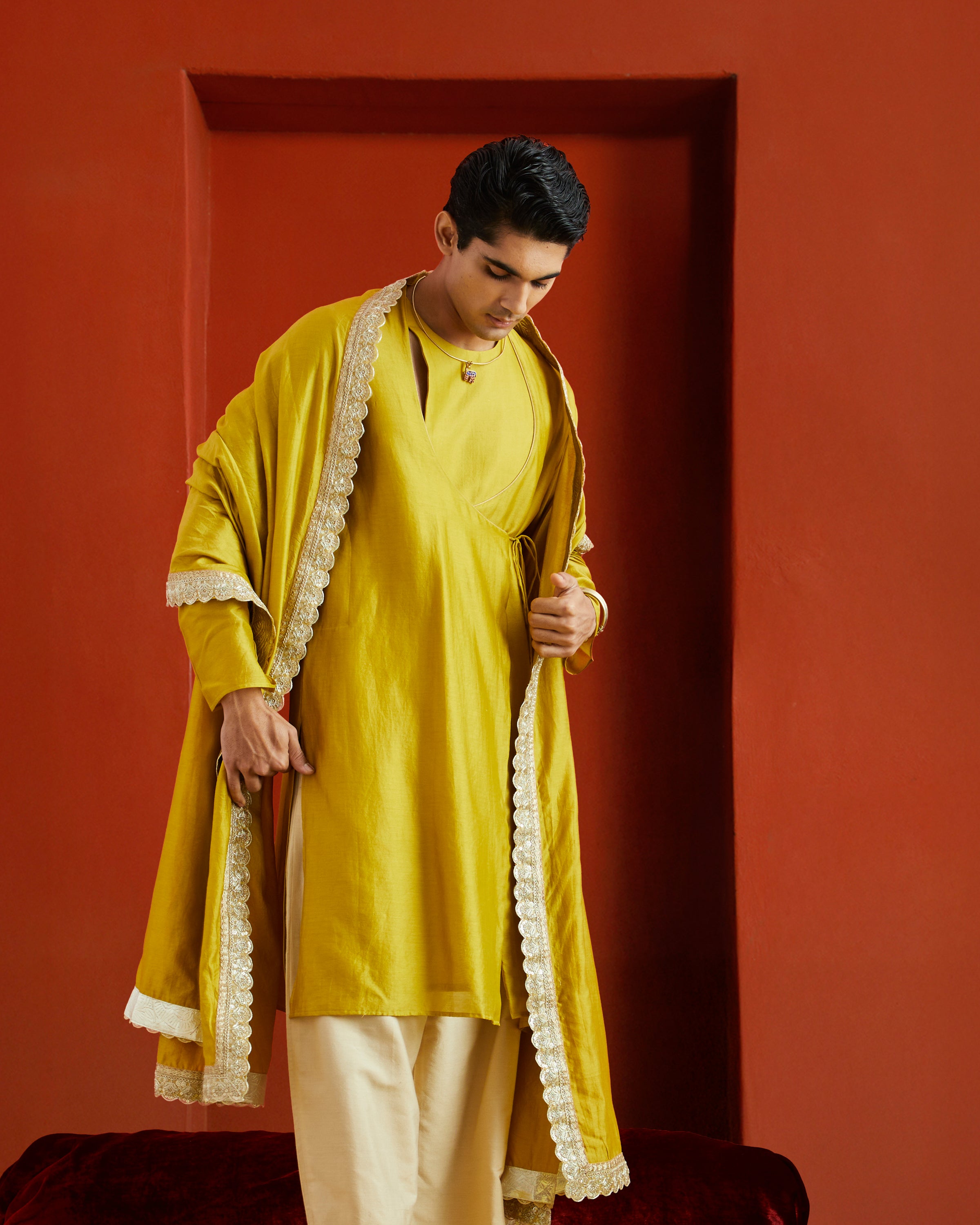 Yellow Pure Chanderi Lohi With Lace And Gota Border